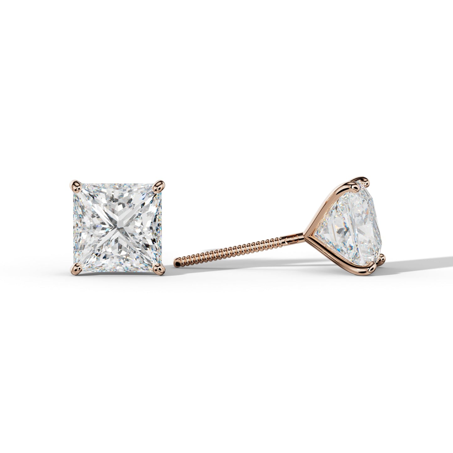 Princess Cut  Diamond Stud Earrings With  Four Classic Prong Martini Settings - 1/2 - 18K Rose Gold