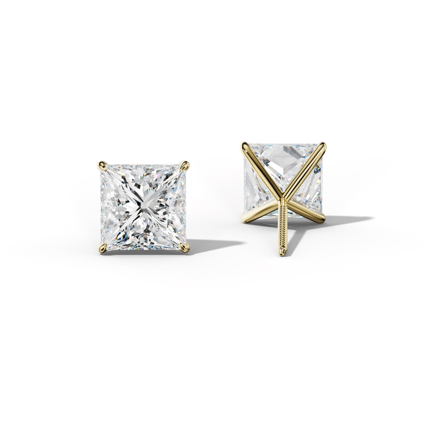 Princess Cut  Diamond Stud Earrings With  Four Prong Martini Settings - 1/2 - 18K Yellow Gold