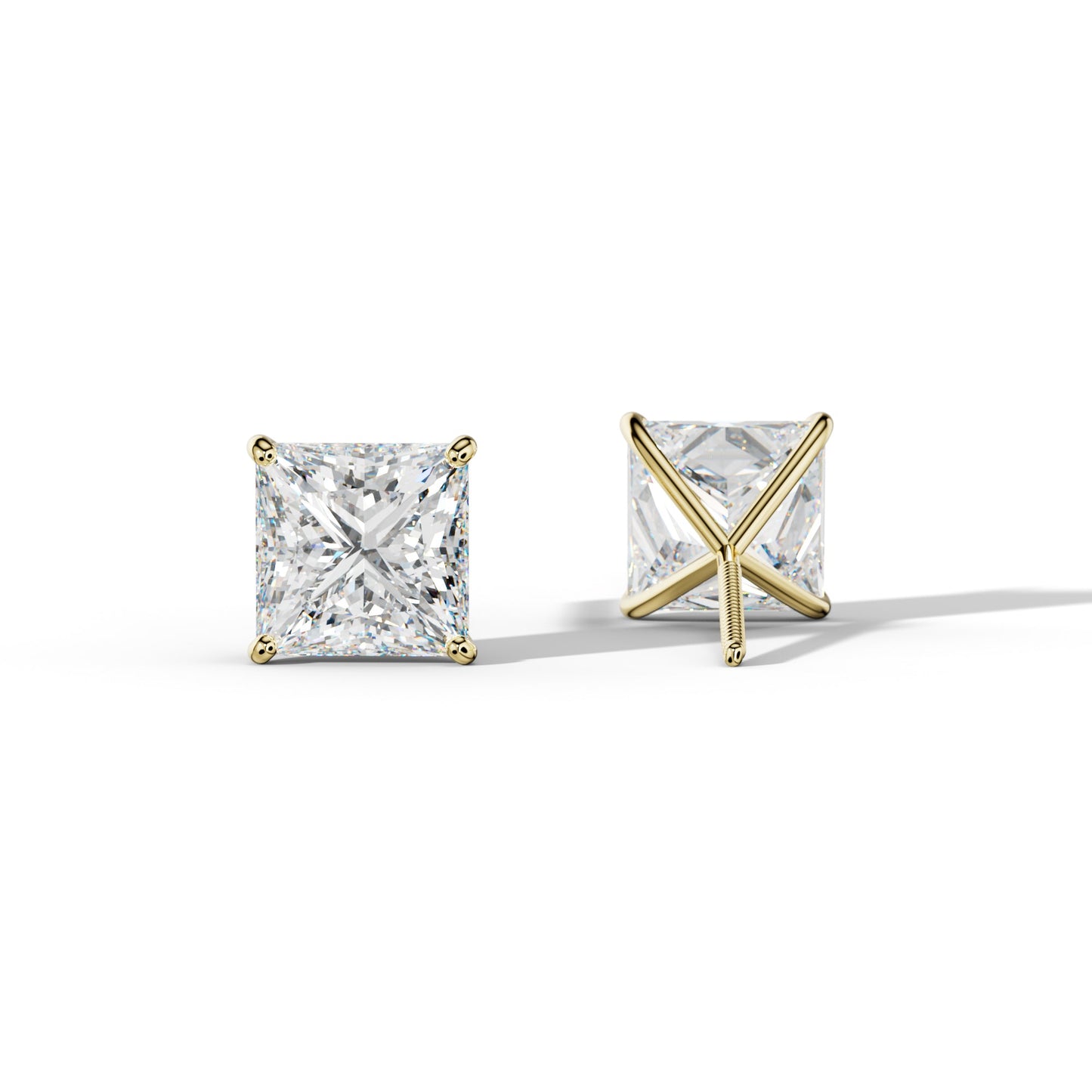 Princess Cut  Diamond Stud Earrings With  Four Classic Prong Martini Settings - 1/2 - 18K Yellow Gold