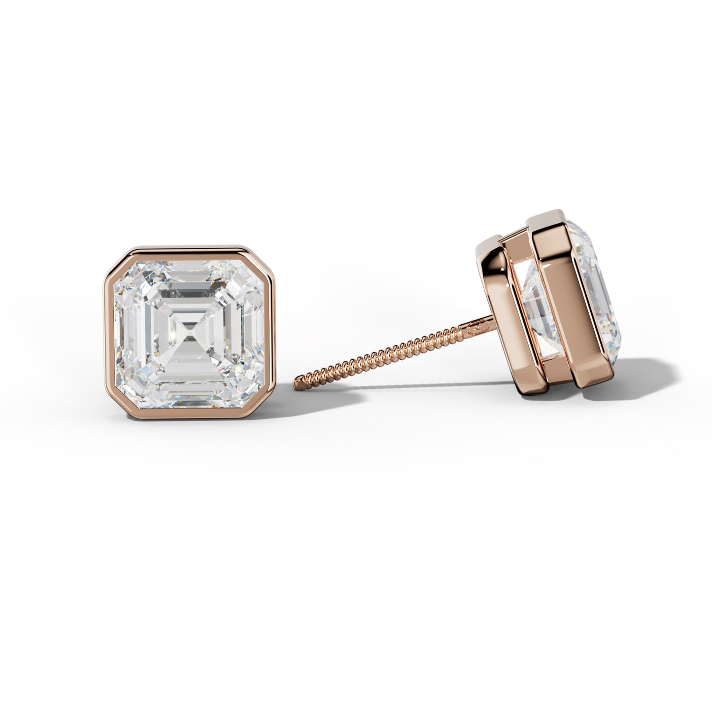 Asscher Diamond Stud Earrings With Bezel Setting - 1/2 - 18K Rose Gold