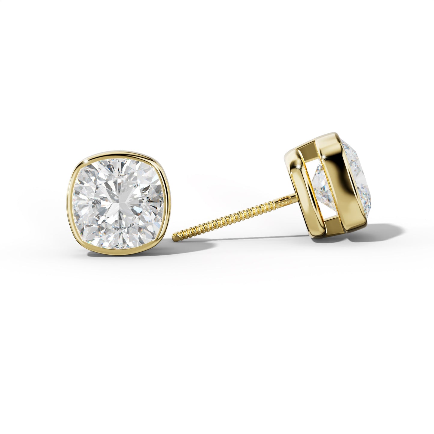 Cushion Diamond Stud Earrings With Bezel Setting - 1/2 - 18K White Gold