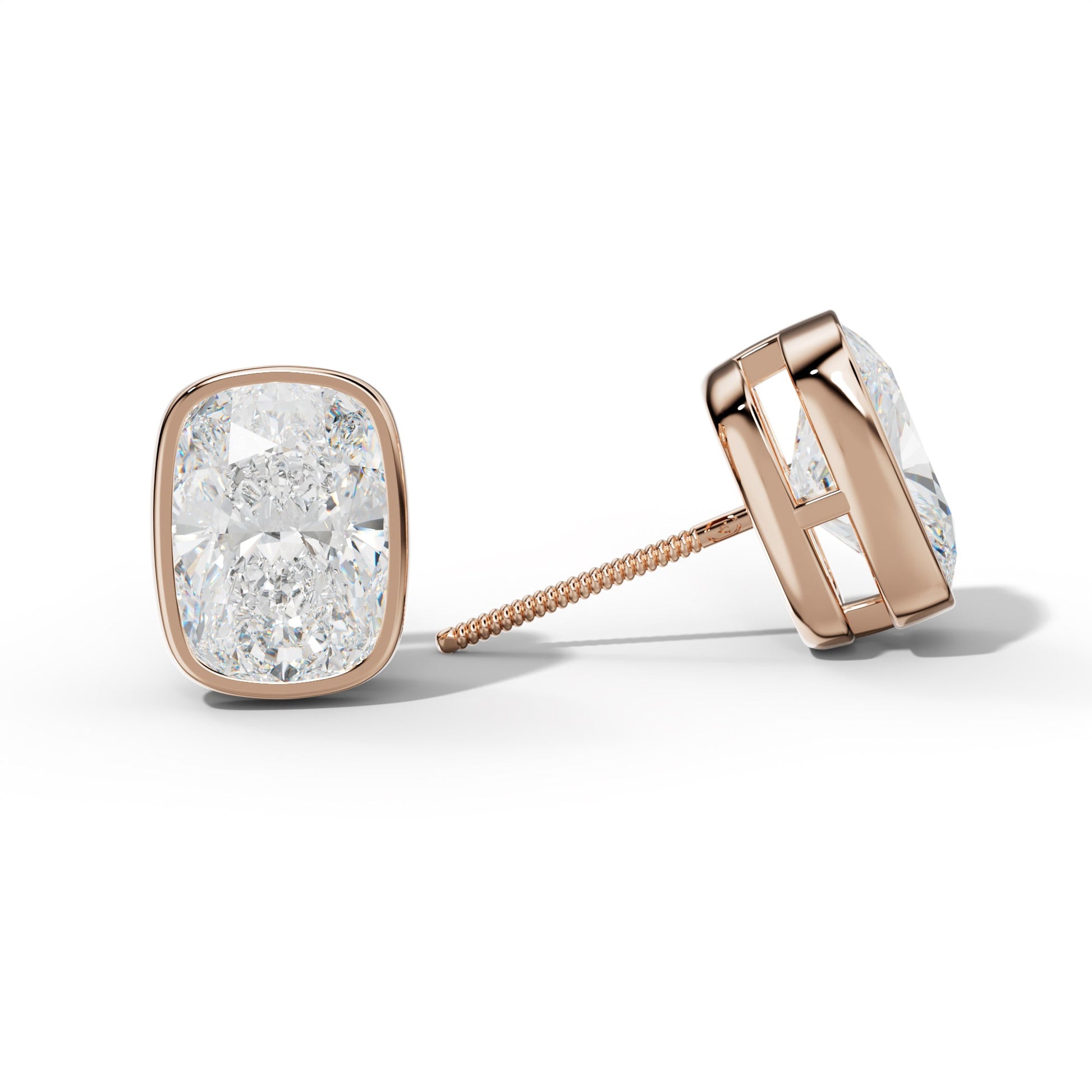 Elongated Cushion Diamond Stud Earrings With  Bezel Setting - 1/2 - 18K Rose Gold