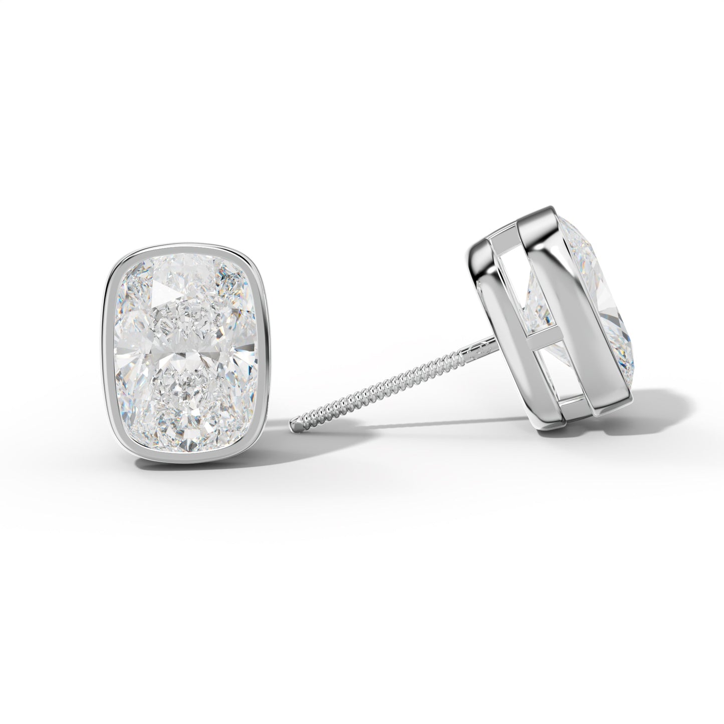 Elongated Cushion Diamond Stud Earrings With  Bezel Setting