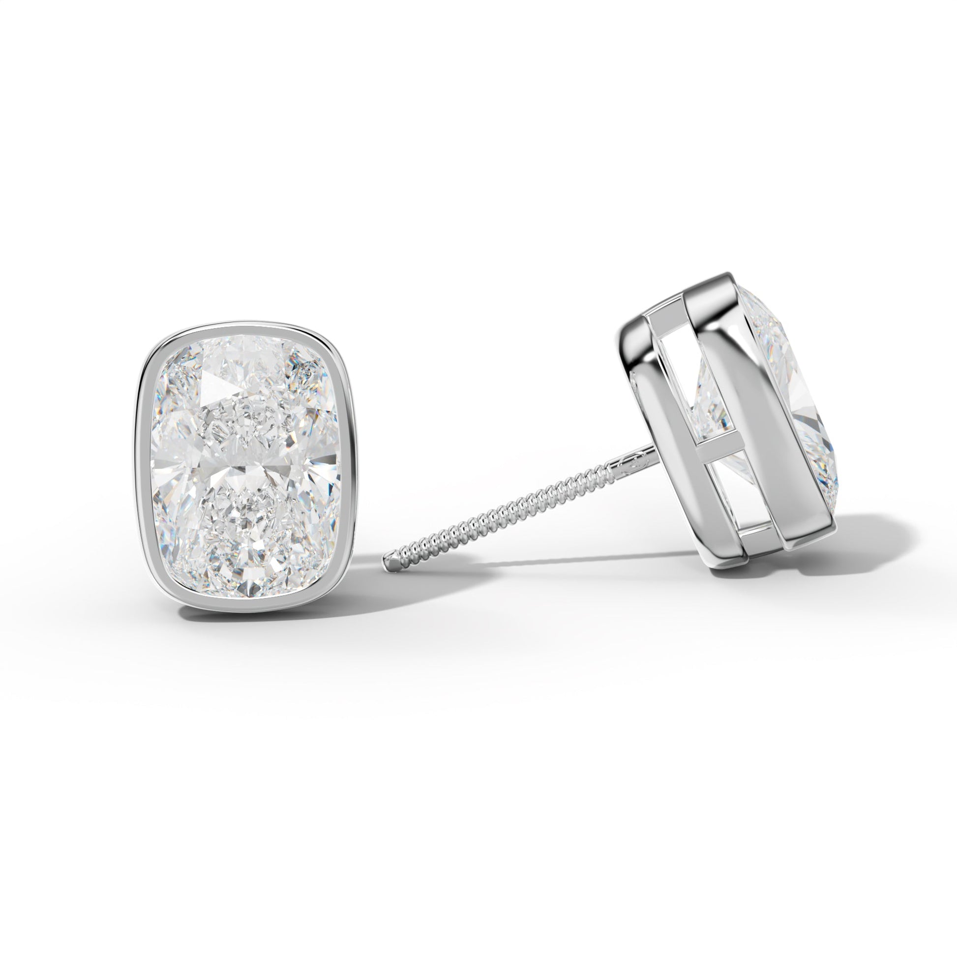 Elongated Cushion Diamond Stud Earrings With  Bezel Setting