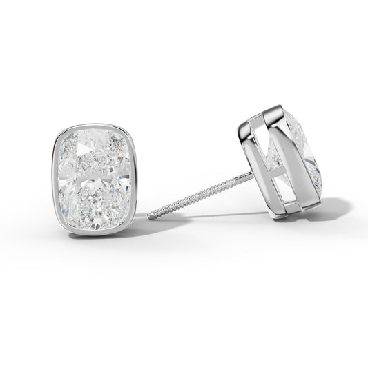 Elongated Cushion Diamond Stud Earrings With  Bezel Setting