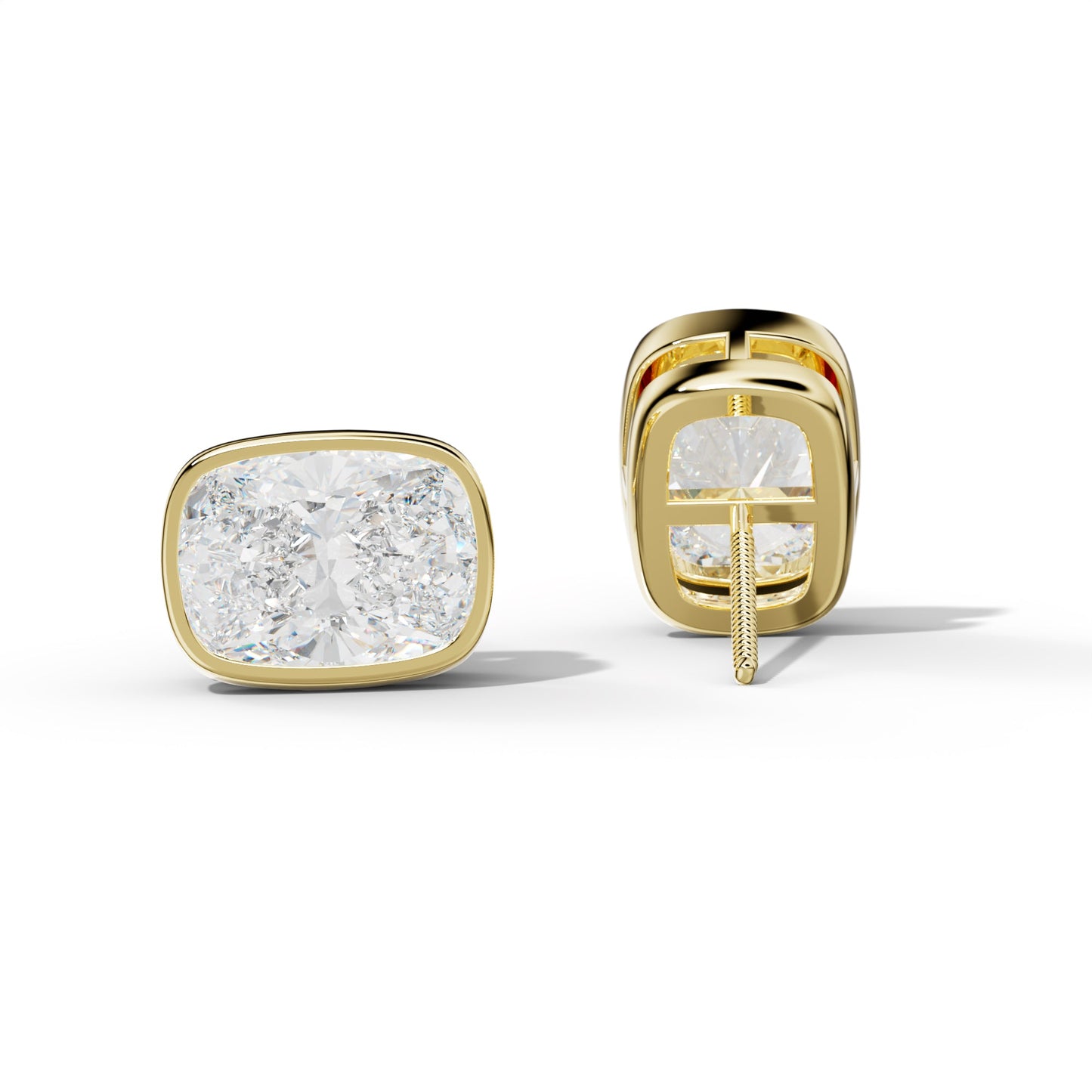 Elongated Cushion Diamond Stud Earrings With  Bezel Setting - 1/2 - 18K Yellow Gold
