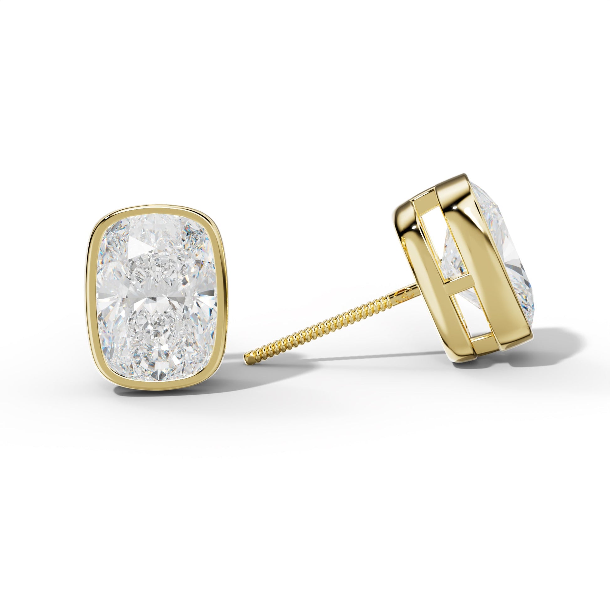 Elongated Cushion Diamond Stud Earrings With  Bezel Setting - 1/2 - 18K White Gold