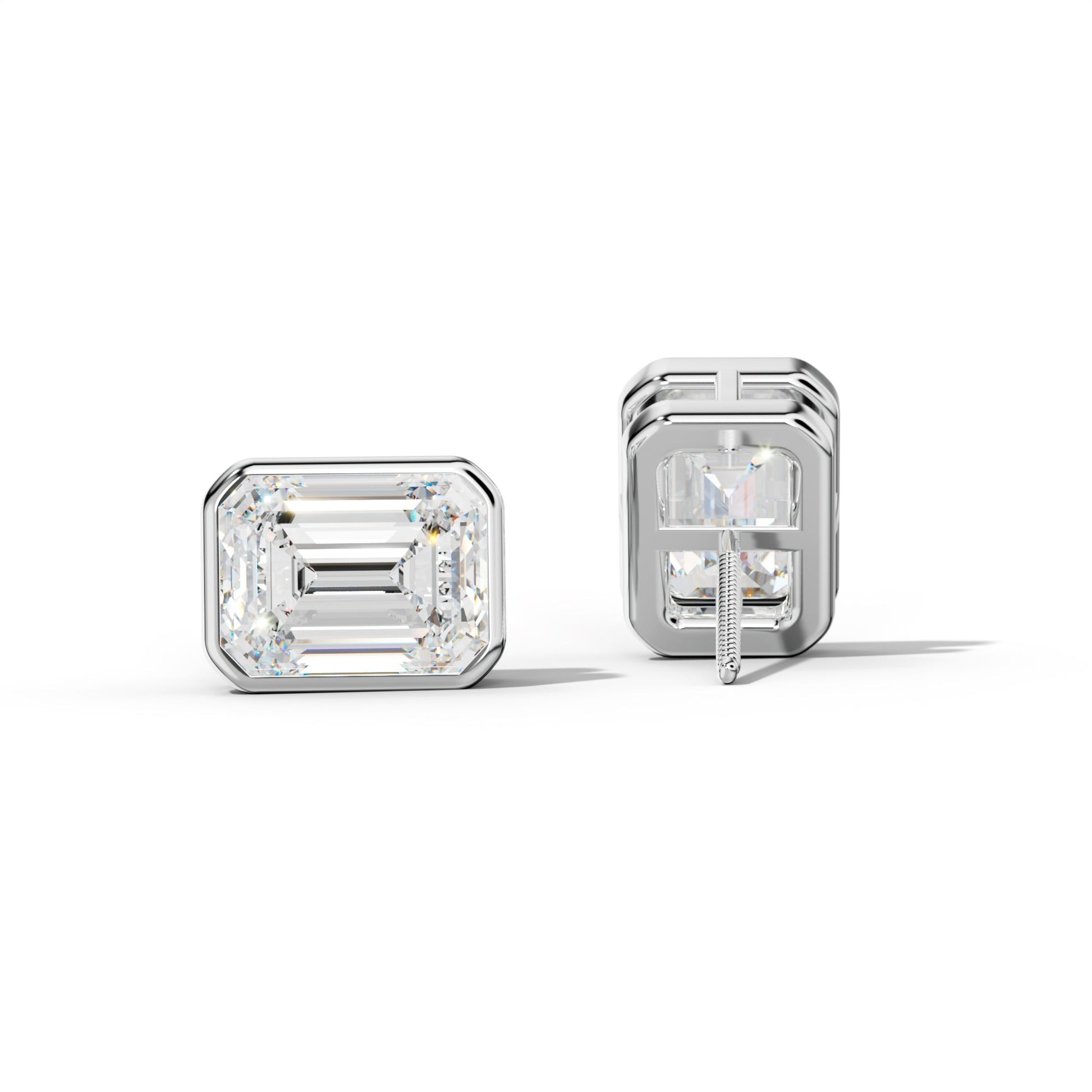 Emerald Cut Diamond Stud Earrings With  Bezel Setting - 1/2 - 14K Yellow Gold