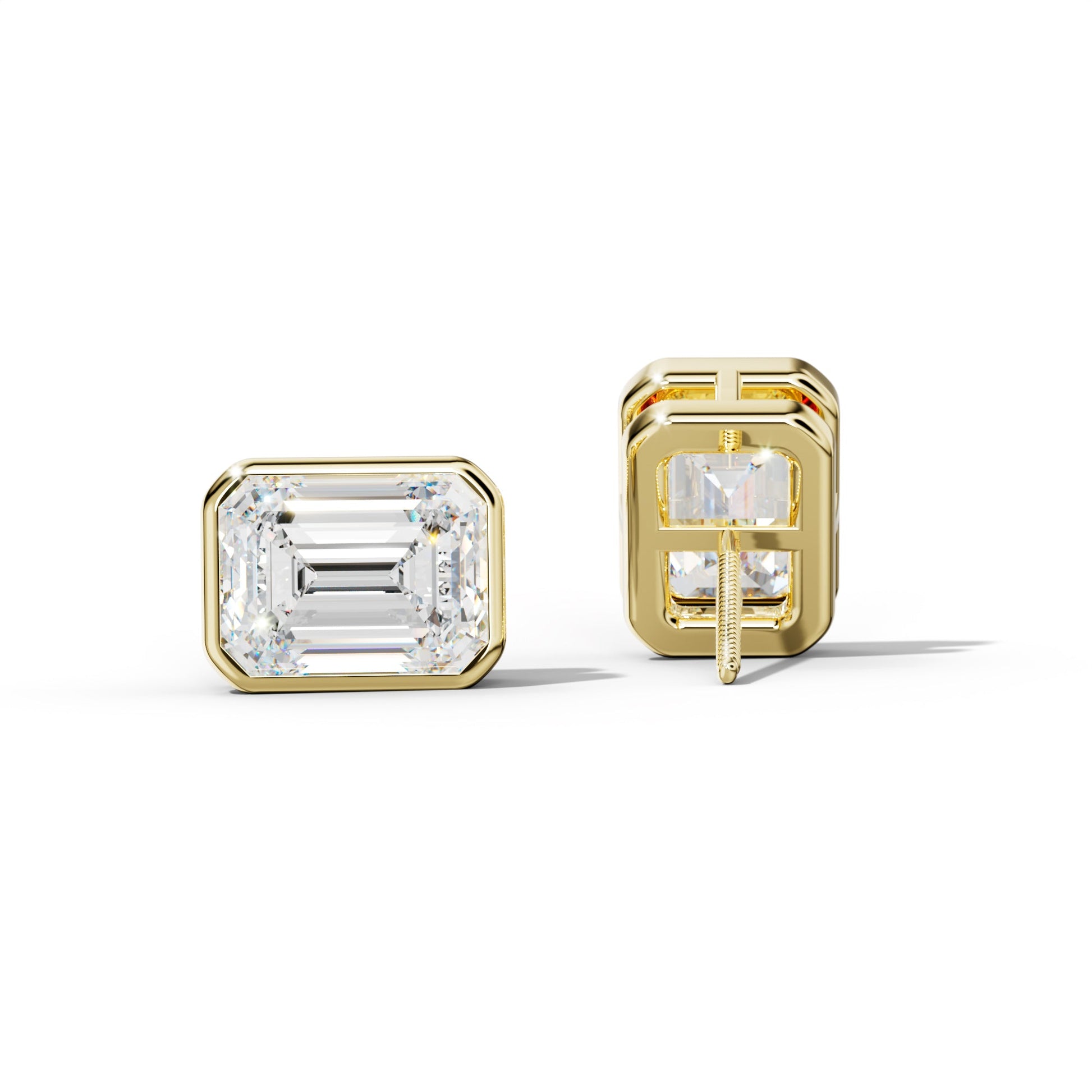 Emerald Cut Diamond Stud Earrings With  Bezel Setting - 1/2 - 18K Yellow Gold