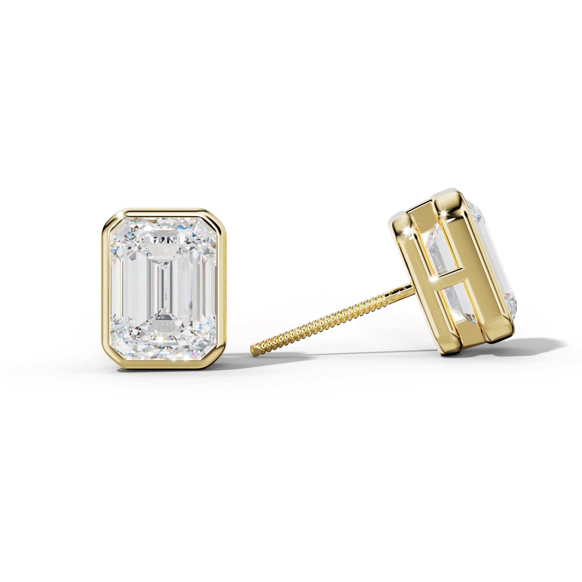 Emerald Cut Diamond Stud Earrings With  Bezel Setting - 1/2 - 18K White Gold