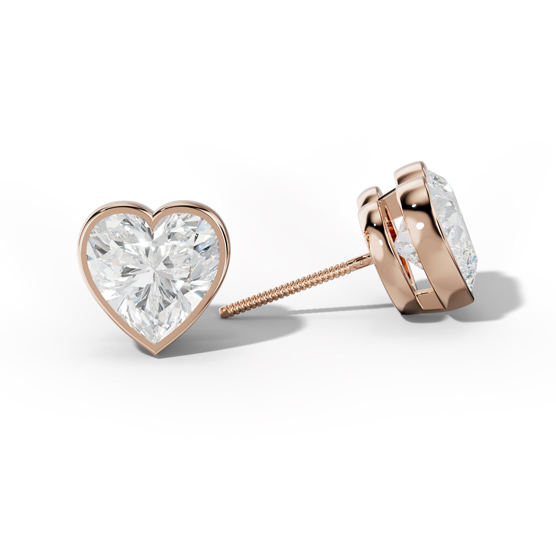 Heart Diamond Stud Earrings With Bezel Setting - 1/2 - 18K Rose Gold