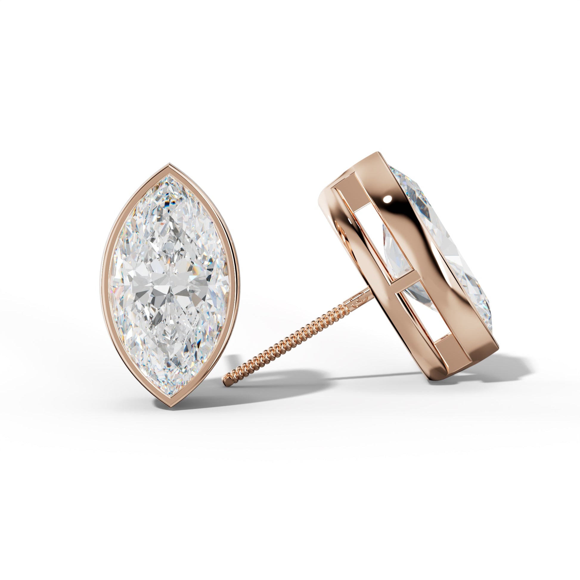 Marquise Diamond Stud Earrings With Bezel Setting - 1/2 - 18K Rose Gold