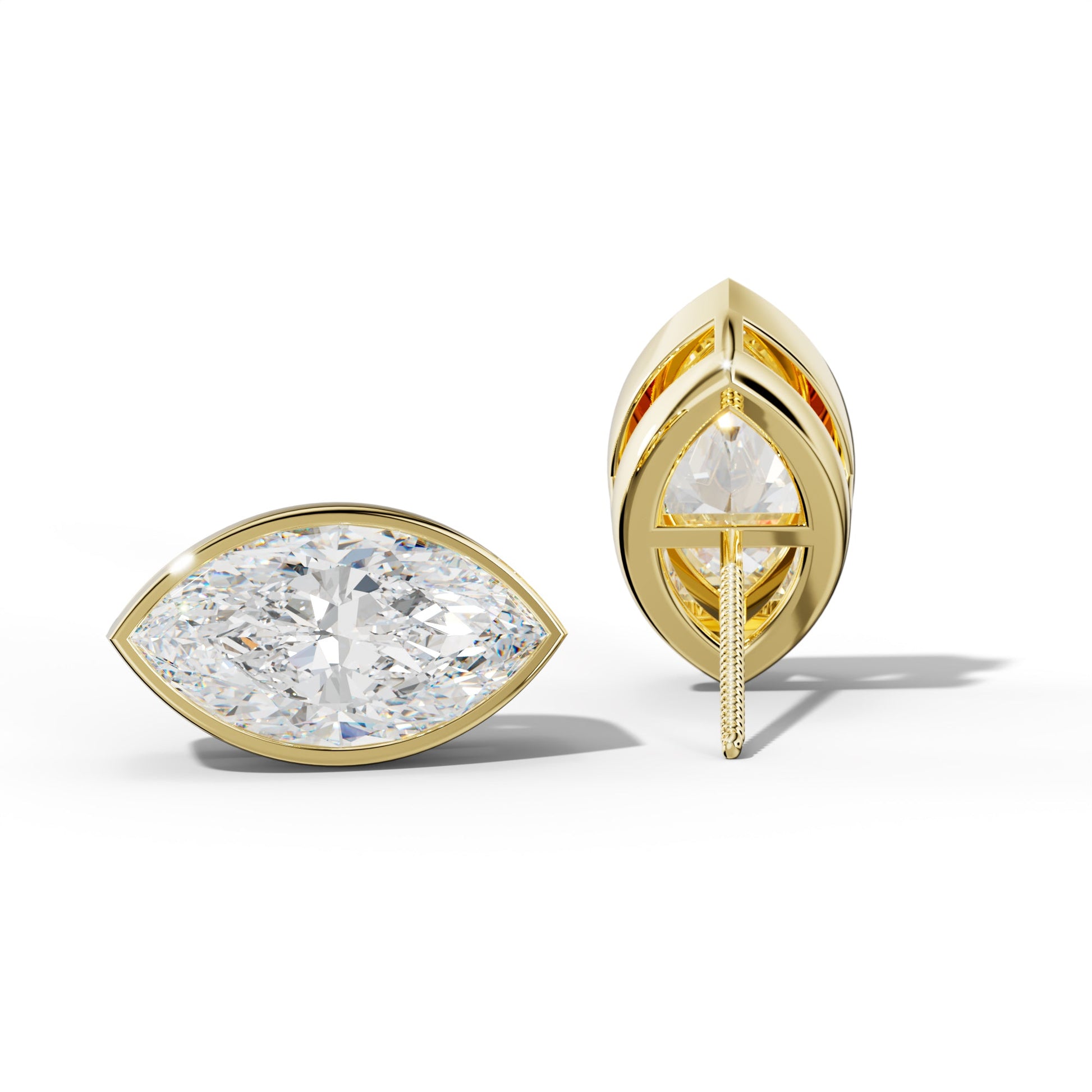 Marquise Diamond Stud Earrings With Bezel Setting - 1/2 - 18K Yellow Gold