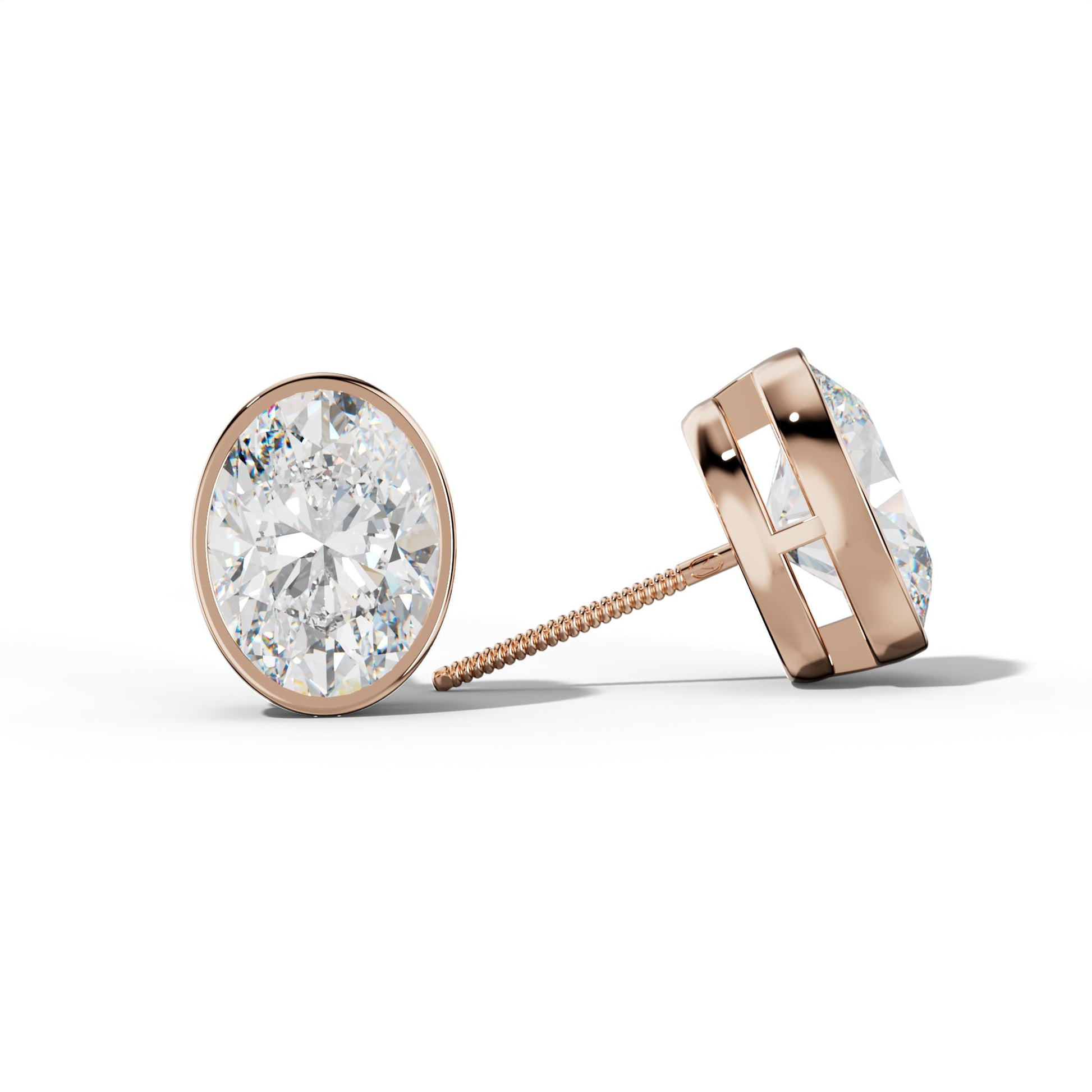 Oval Diamond Stud Earrings With  Bezel Setting - 1/2 - 18K Rose Gold