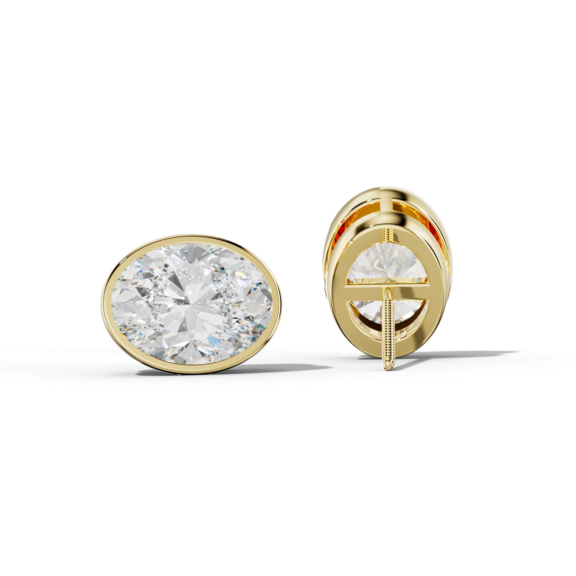 Oval Diamond Stud Earrings With  Bezel Setting - 1/2 - 18K Yellow Gold