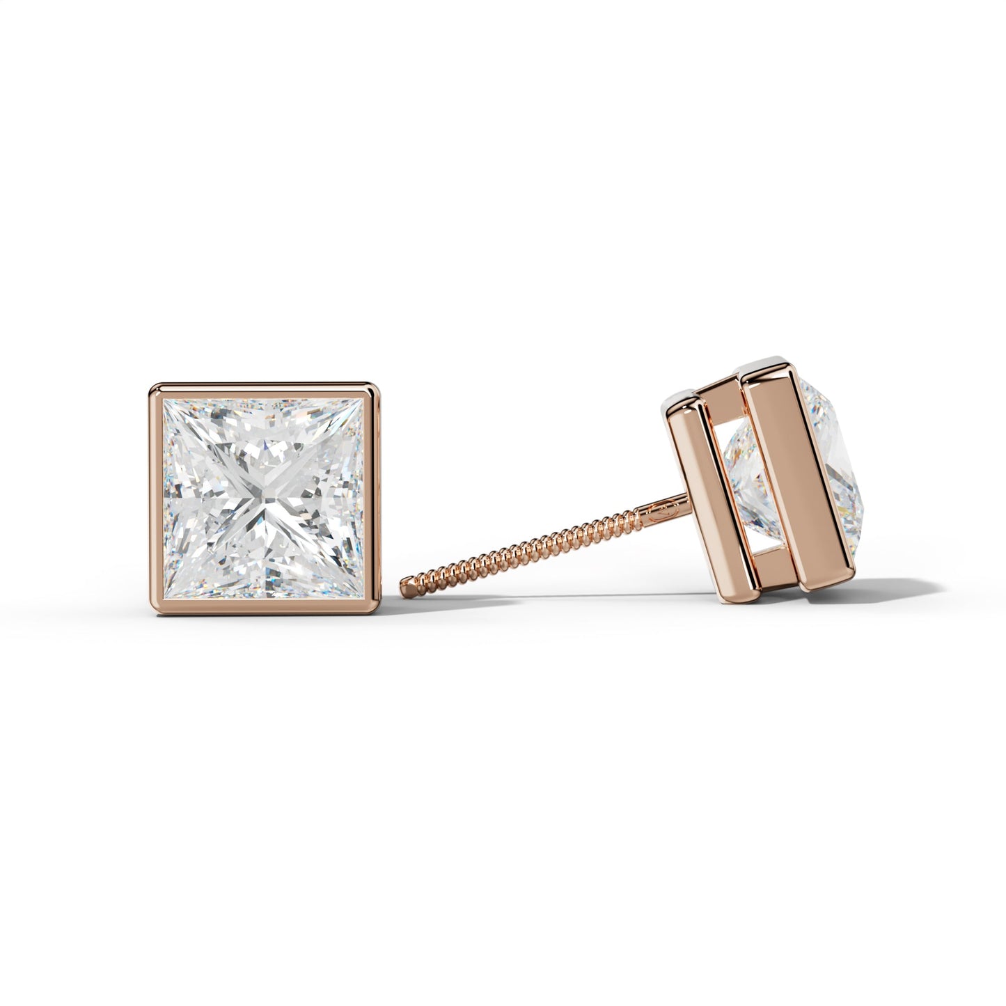 Princess Cut  Diamond Stud Earrings With Bezel Setting - 1/2 - 18K Rose Gold