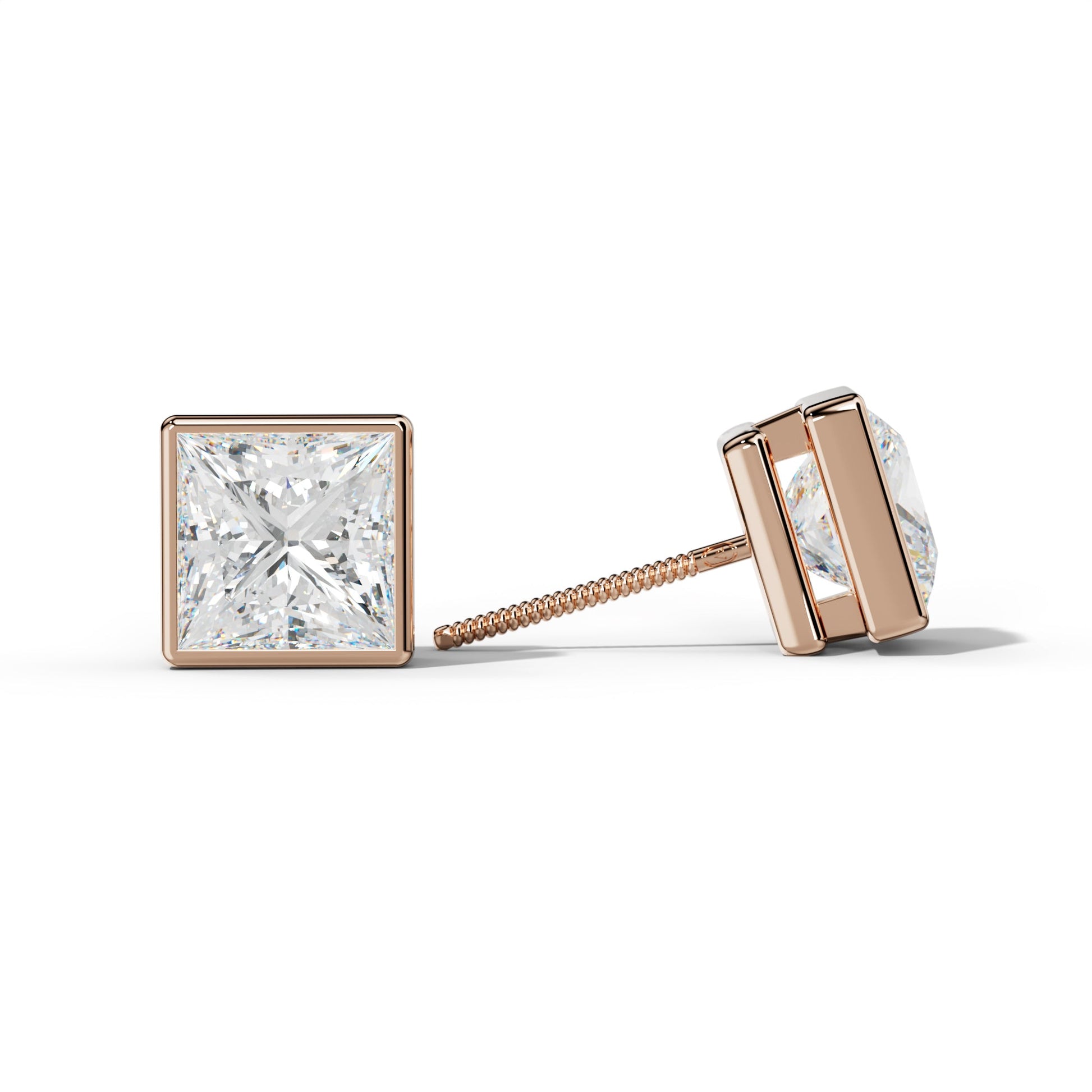 Princess Cut  Diamond Stud Earrings With Bezel Setting - 1/2 - 18K Rose Gold