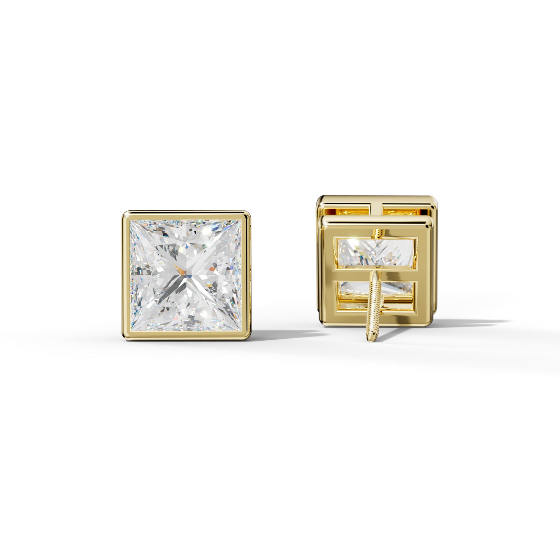 Princess Cut  Diamond Stud Earrings With Bezel Setting - 1/2 - 18K Yellow Gold