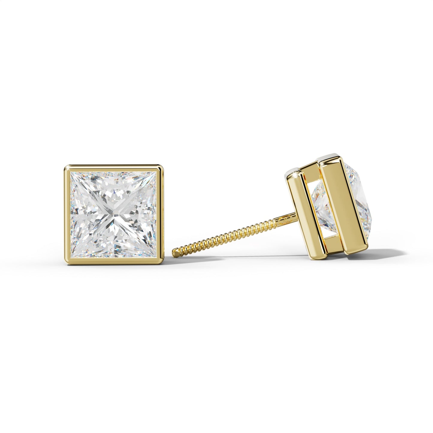 Princess Cut  Diamond Stud Earrings With Bezel Setting - 1/2 - 18K White Gold