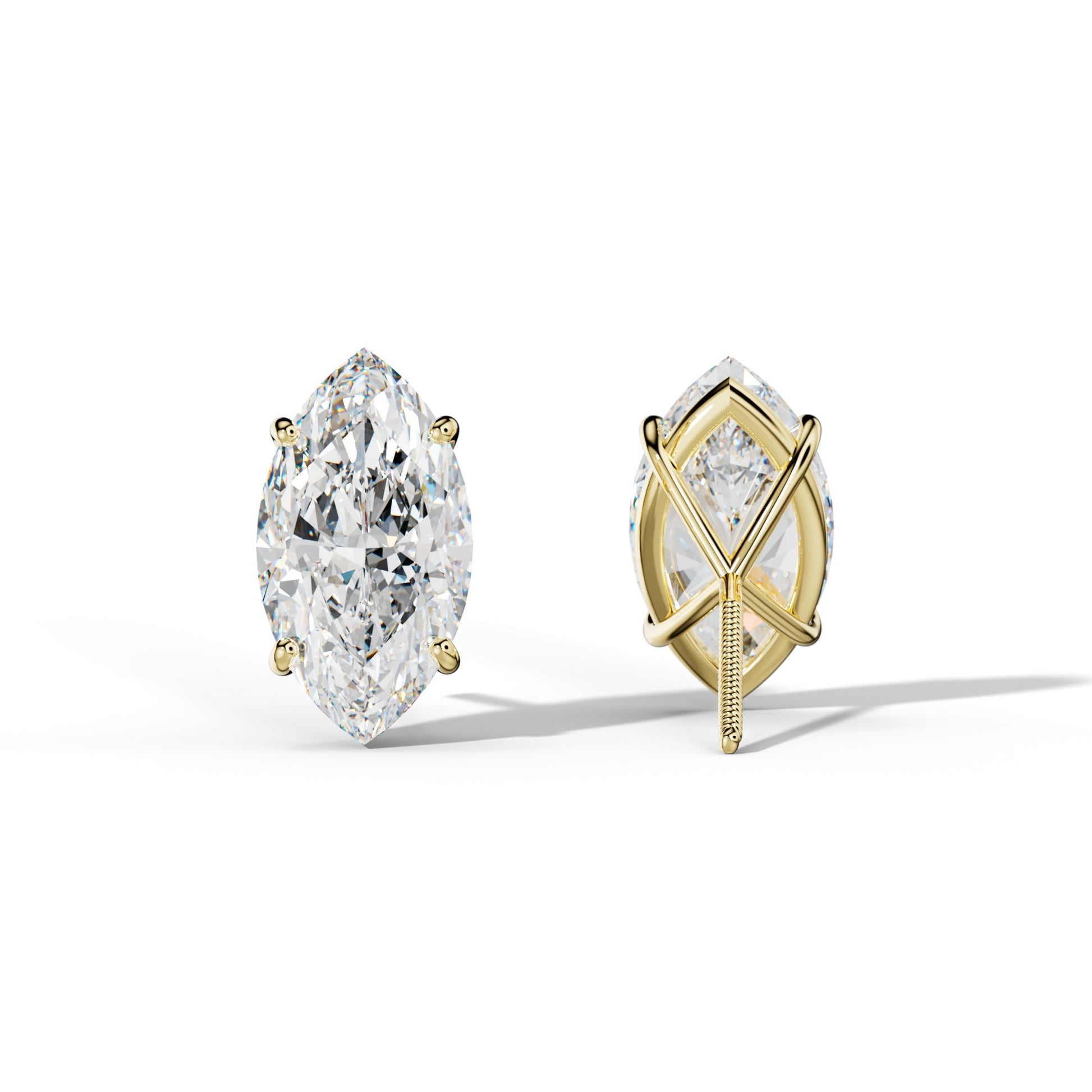 Marquise Diamond Stud Earrings With Four Classic Prong Martini Settings - 1/2 - 18K Yellow Gold