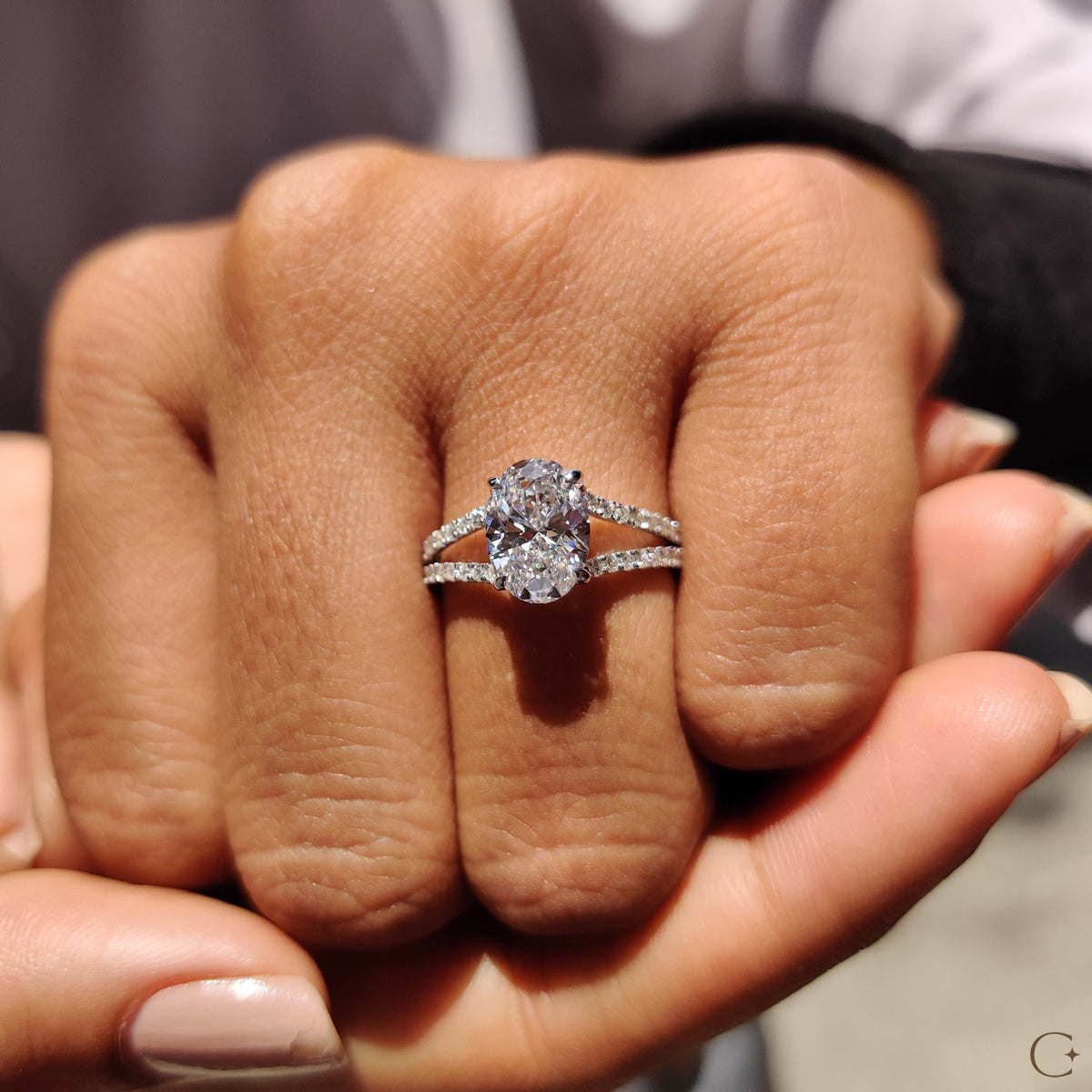 Oval Shaped Engagement Ring with Split Pave Band