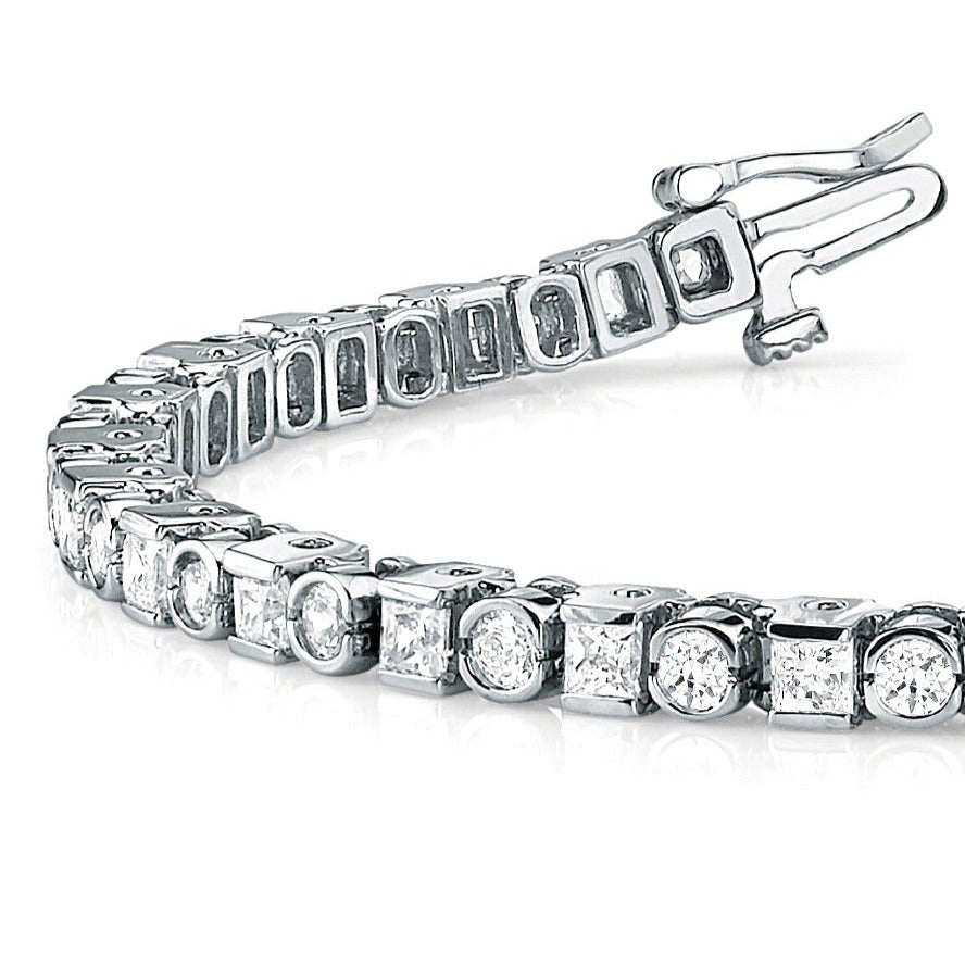 5.20 ct. Princess & Round Diamond Bezel and Channel Set Tennis Bracelet - 14K White Gold - H-I Color I1-I2 Clarity