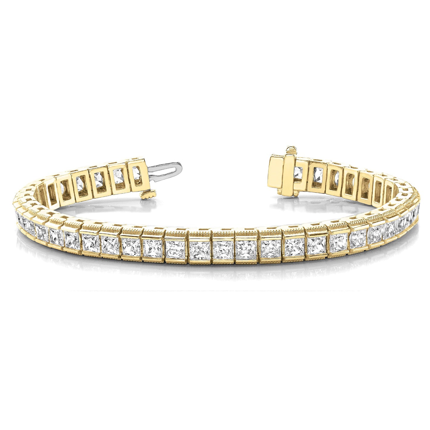 Channel Set 13.0 ctw Princess Cut Diamond Tennis Bracelet Milgrain Edges - 18K Yellow Gold