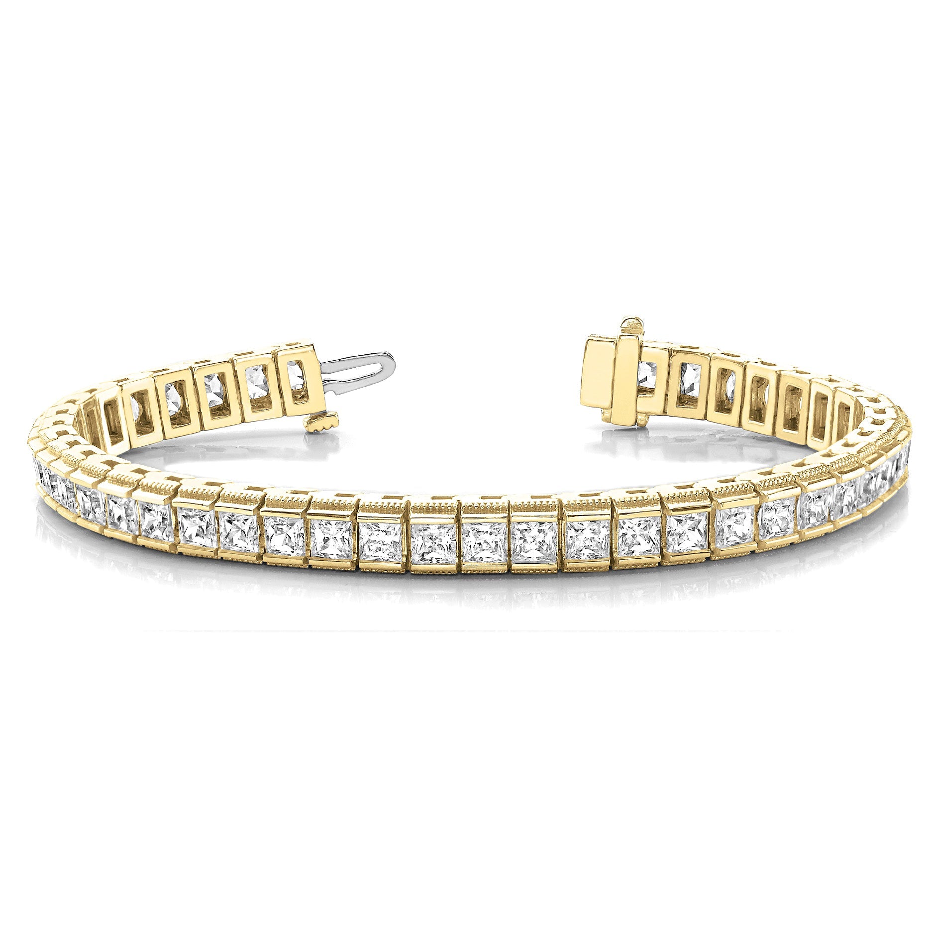 Channel Set 13.0 ctw Princess Cut Diamond Tennis Bracelet Milgrain Edges - 18K Yellow Gold