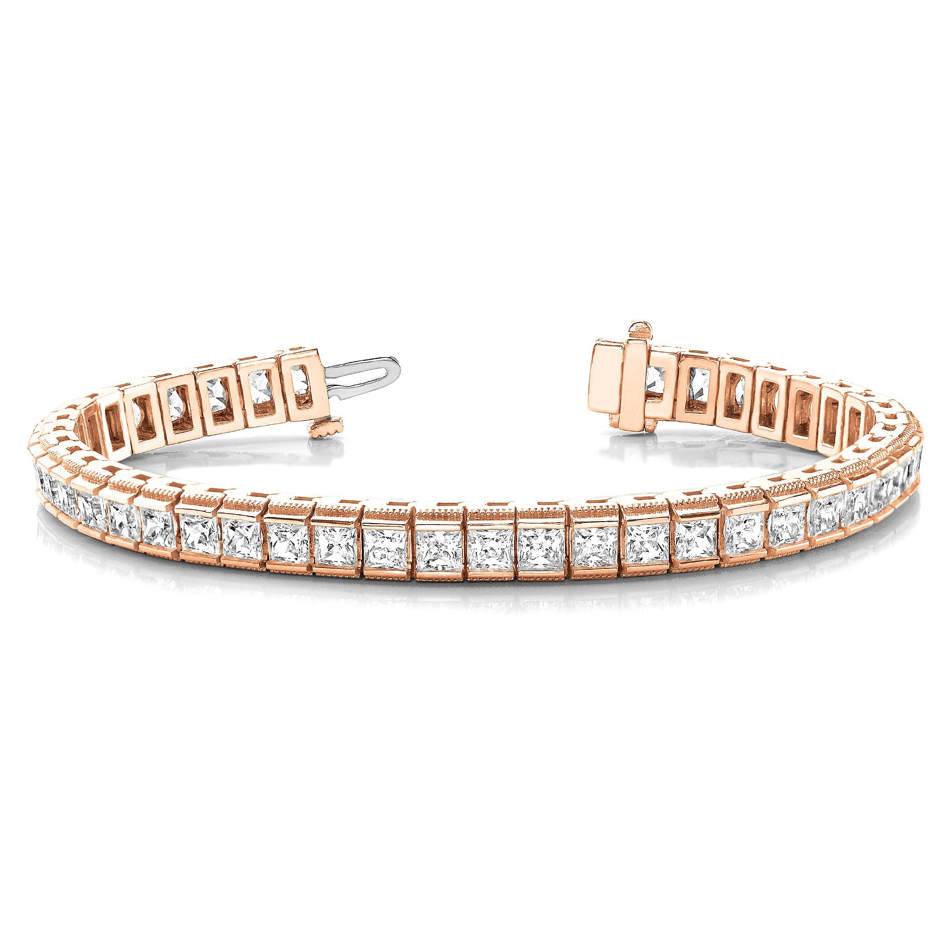 Channel Set 13.0 ctw Princess Cut Diamond Tennis Bracelet Milgrain Edges - 18K Rose Gold
