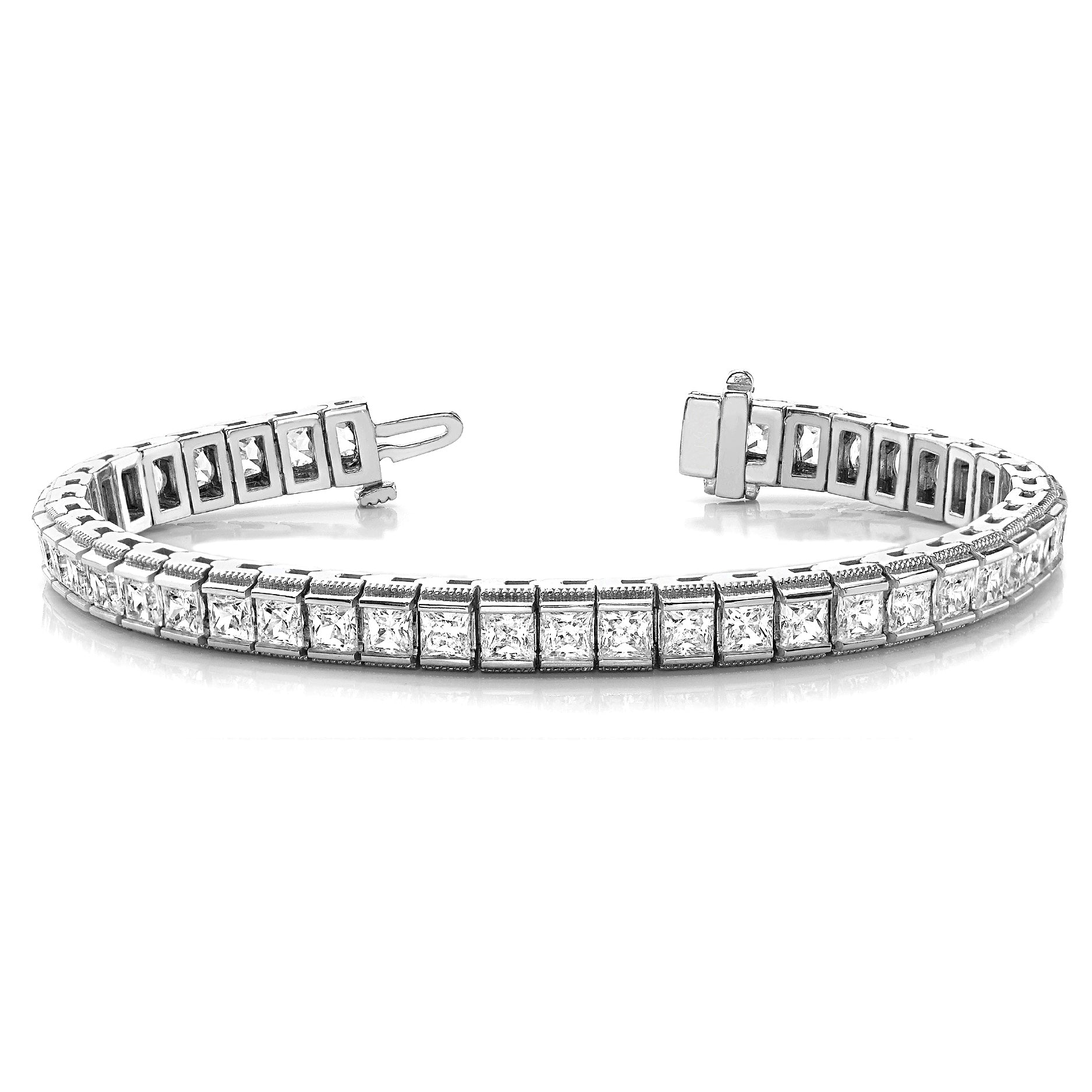 Channel Set 13.0 ctw Princess Cut Diamond Tennis Bracelet Milgrain Edges - Platinum 950