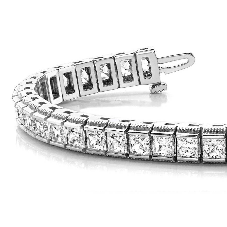 Channel Set 13.0 ctw Princess Cut Diamond Tennis Bracelet Milgrain Edges - 14K Yellow Gold