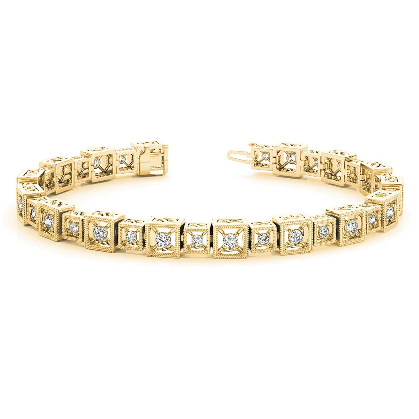 2 ct. Diamond Vintage Inspired Tennis Bracelet Milgrain Cube Design - 14K Yellow Gold - F-G Color VS1-VS2 Clarity