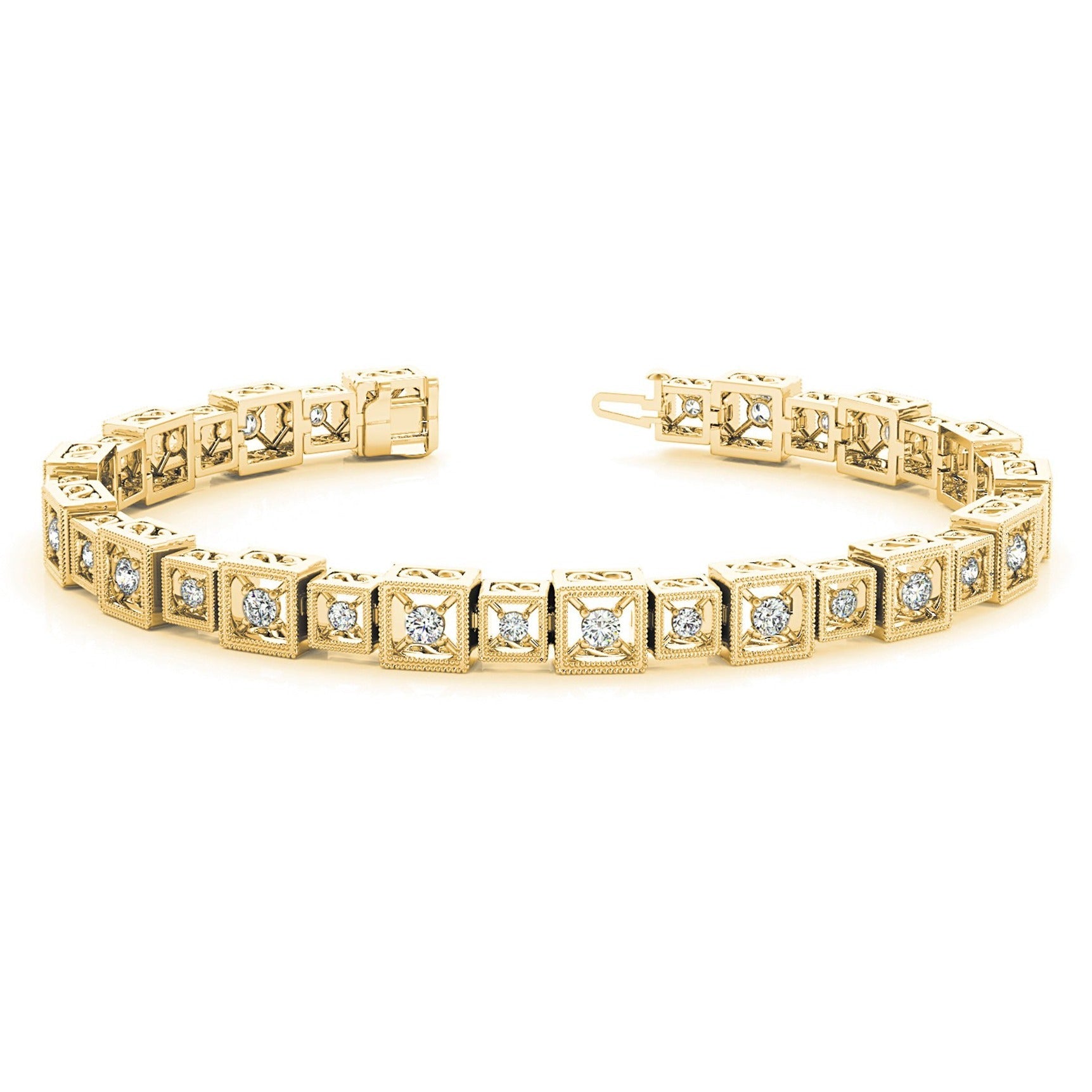 2 ct. Diamond Vintage Inspired Tennis Bracelet Milgrain Cube Design - 14K Yellow Gold - F-G Color VS1-VS2 Clarity