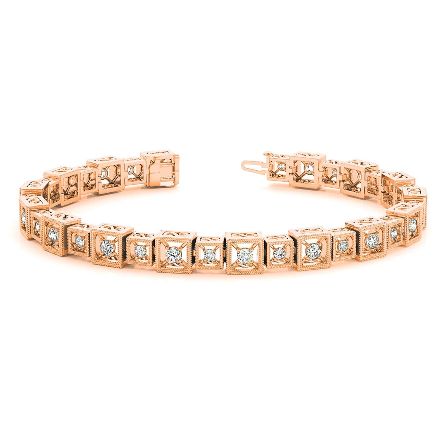 2 ct. Diamond Vintage Inspired Tennis Bracelet Milgrain Cube Design - 14K Rose Gold - F-G Color VS1-VS2 Clarity