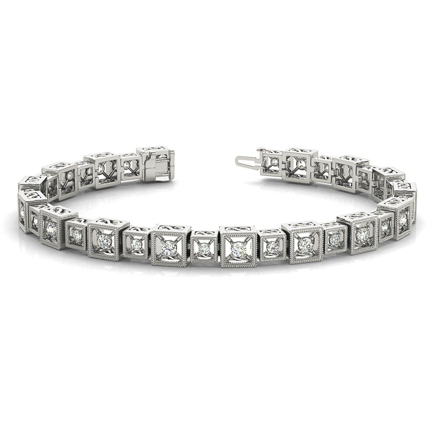 2 ct. Diamond Vintage Inspired Tennis Bracelet Milgrain Cube Design - 14K White Gold - F-G Color VS1-VS2 Clarity