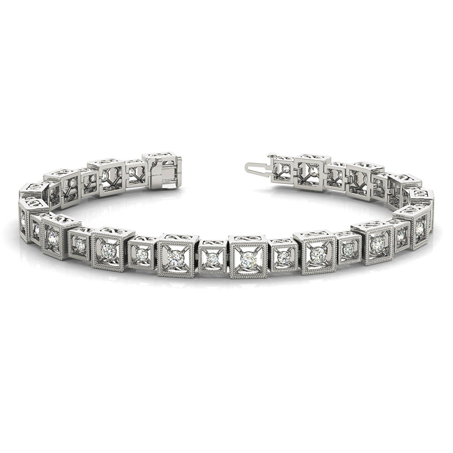 2 ct. Diamond Vintage Inspired Tennis Bracelet Milgrain Cube Design - 14K White Gold - F-G Color VS1-VS2 Clarity