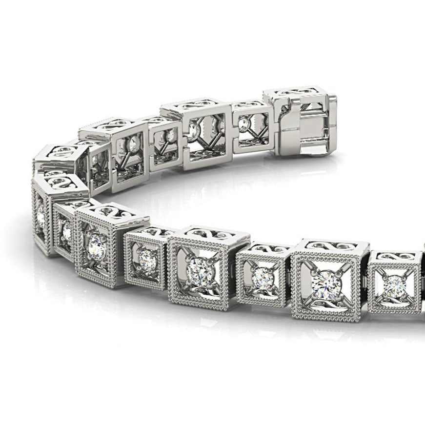 2 ct. Diamond Vintage Inspired Tennis Bracelet Milgrain Cube Design - 14K White Gold - G-H Color SI1-SI2 Clarity