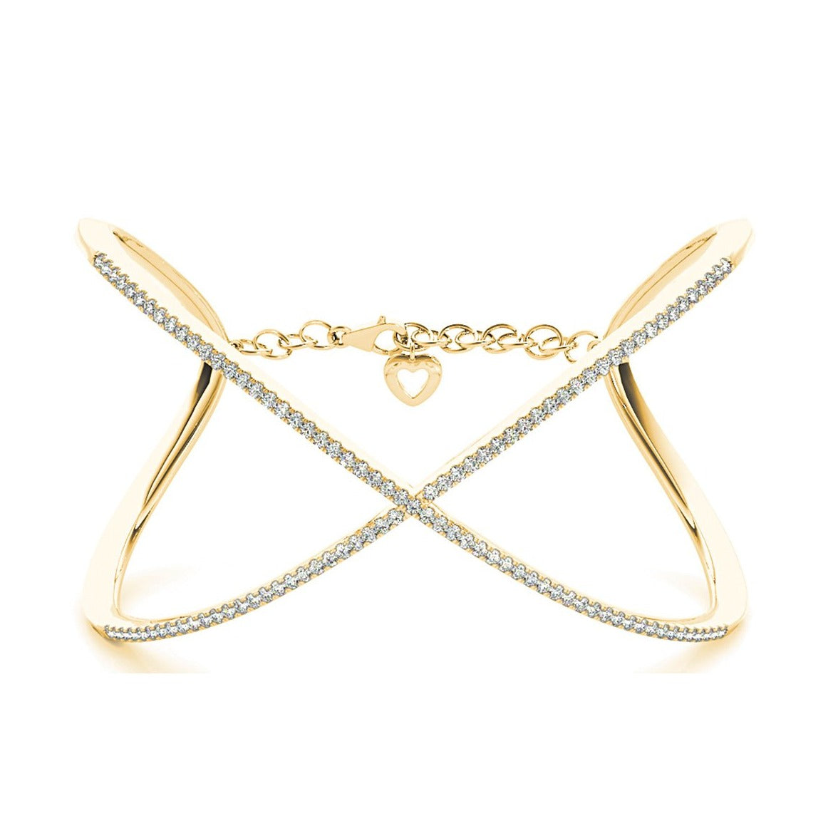 Criss Cross 1.63 ctw Round Diamond Cuff Bangle Bracelet With Security Chain - 18K Yellow Gold