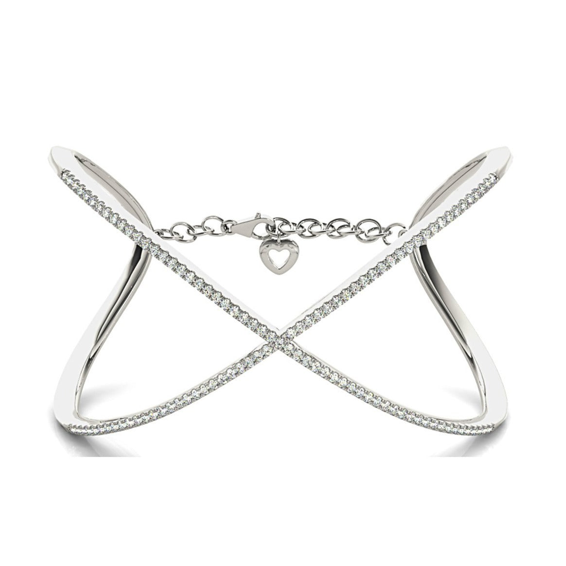 Criss Cross 1.63 ctw Round Diamond Cuff Bangle Bracelet With Security Chain