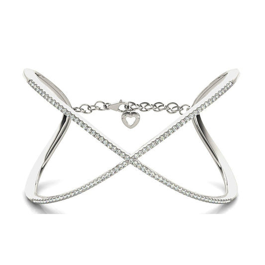 Criss Cross 1.63 ctw Round Diamond Cuff Bangle Bracelet With Security Chain