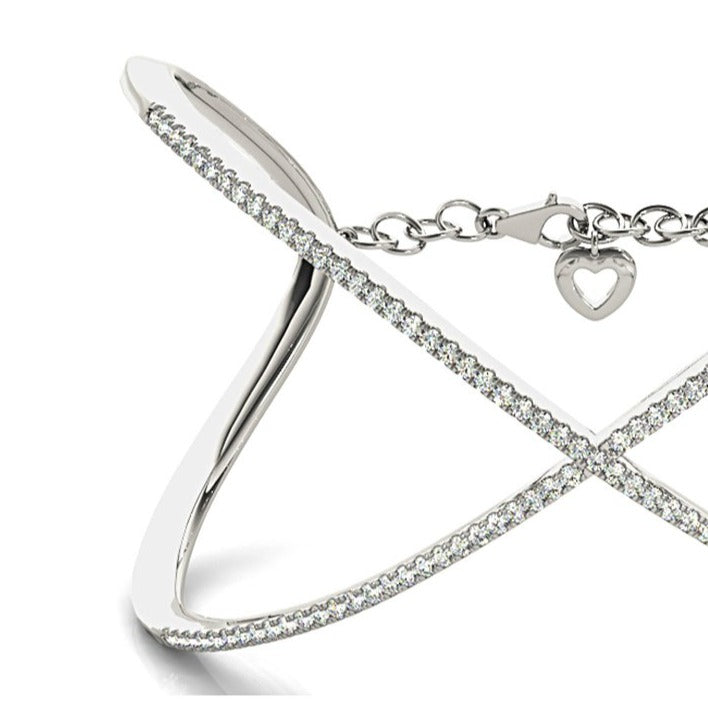 Criss Cross 1.63 ctw Round Diamond Cuff Bangle Bracelet With Security Chain - 14K Yellow Gold