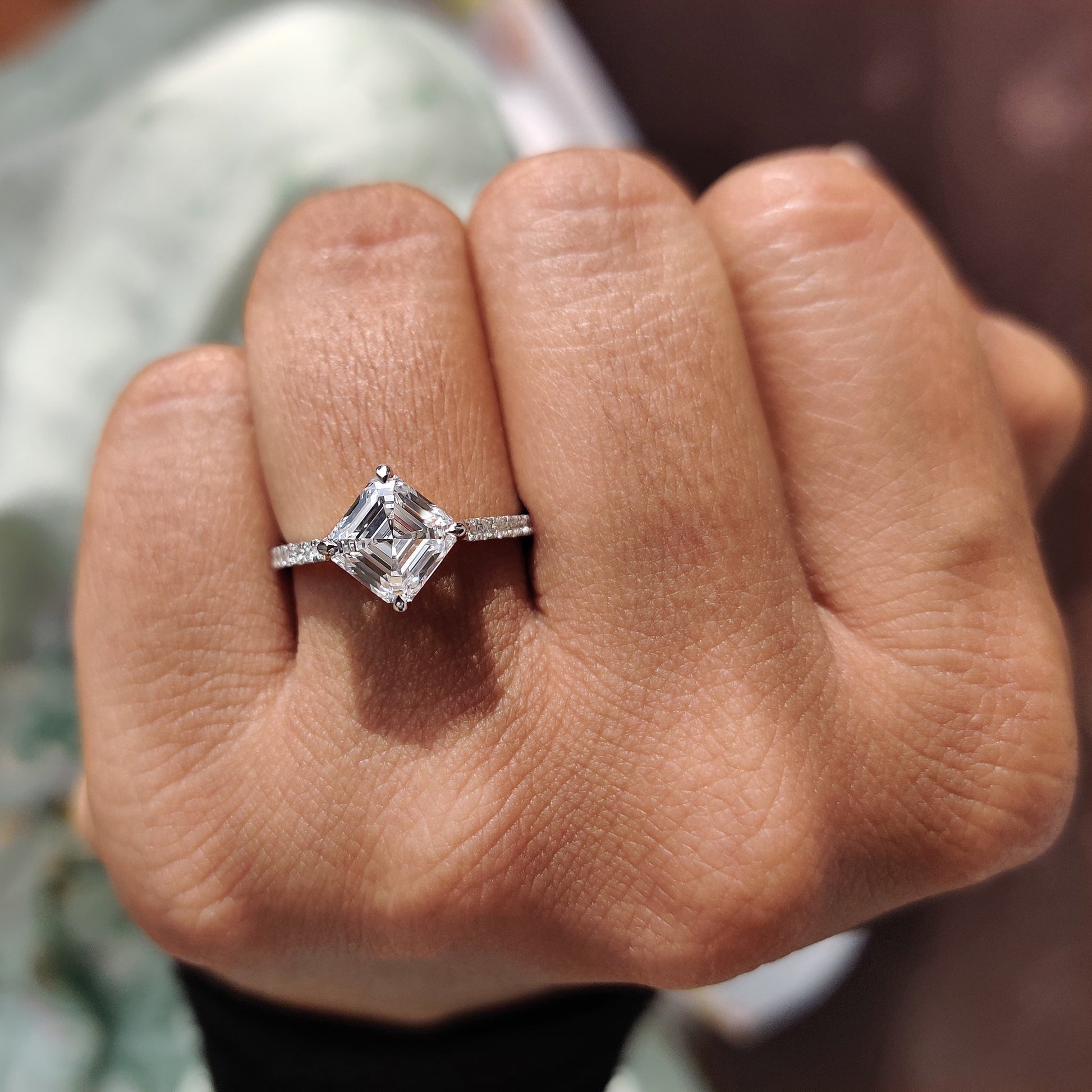 Asscher Cut Engagement Ring With Hidden Halo Design