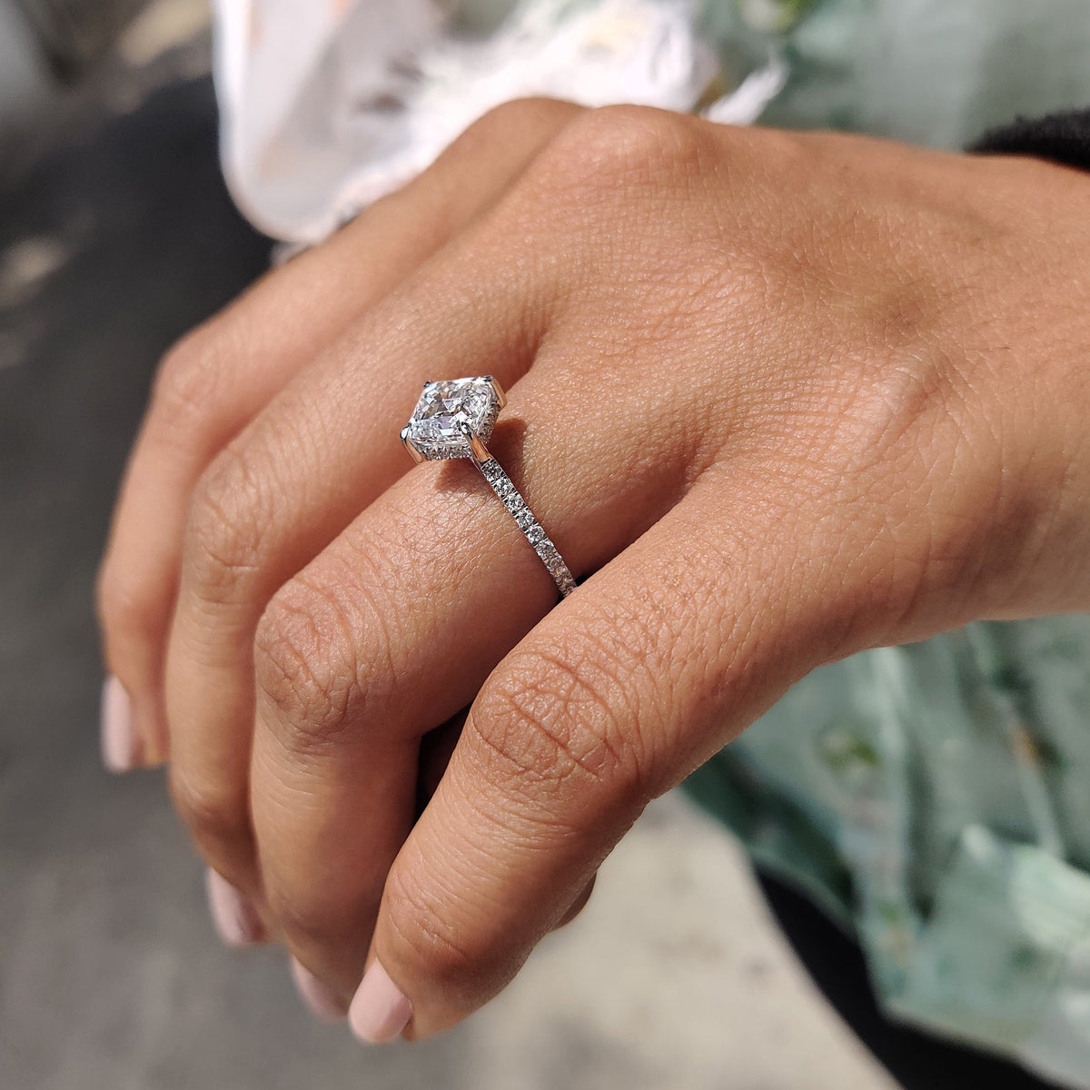 Asscher Cut Engagement Ring With Hidden Halo Design