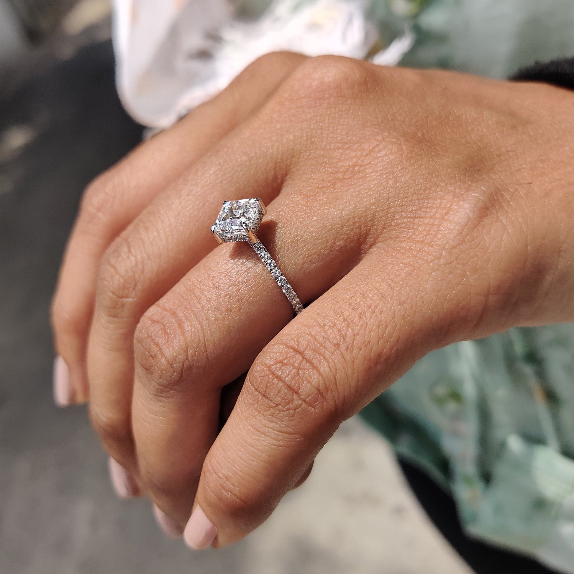 Asscher Cut Engagement Ring With Hidden Halo Design