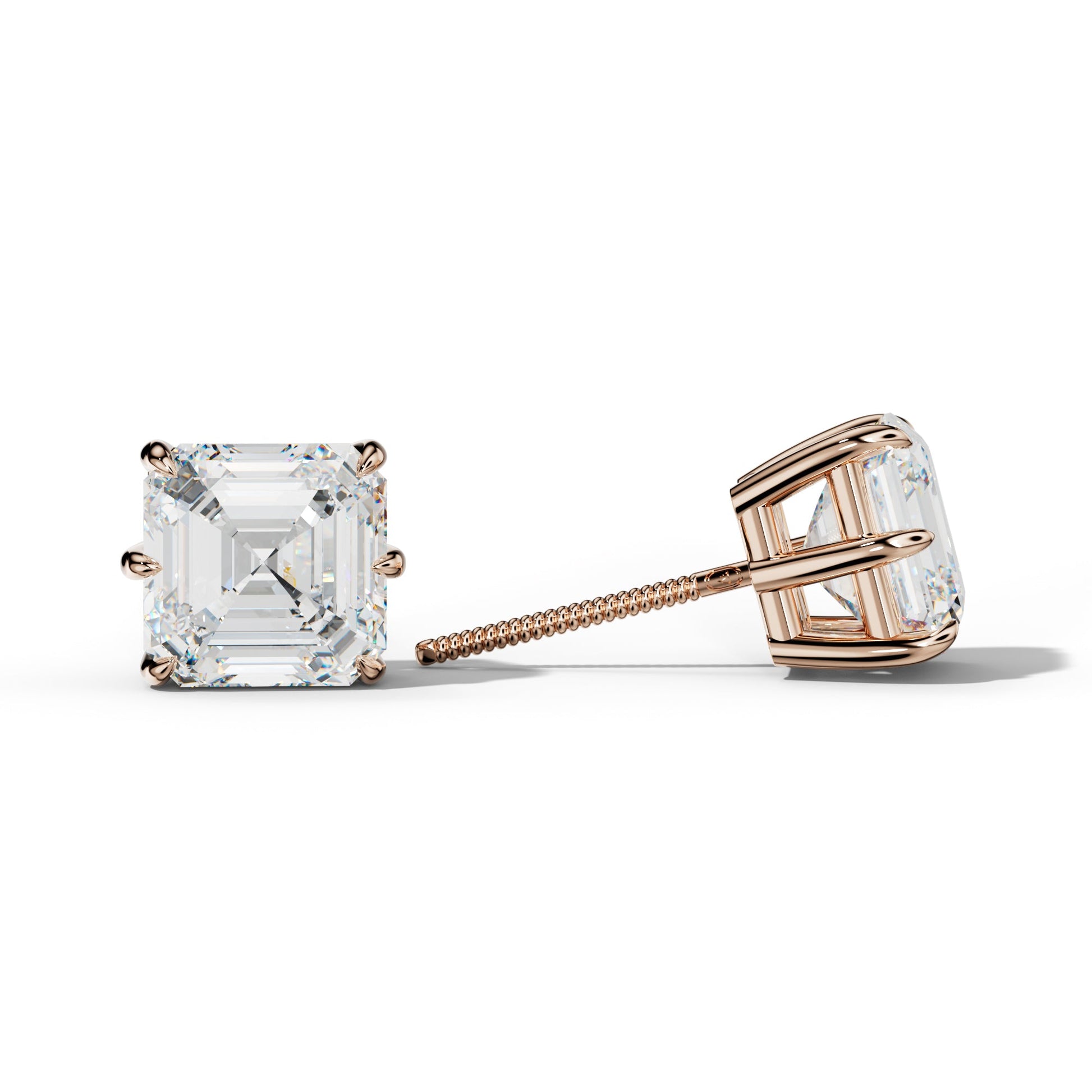 Asscher Diamond Stud Earrings With Six Prongs - 1/2 - 18K Rose Gold