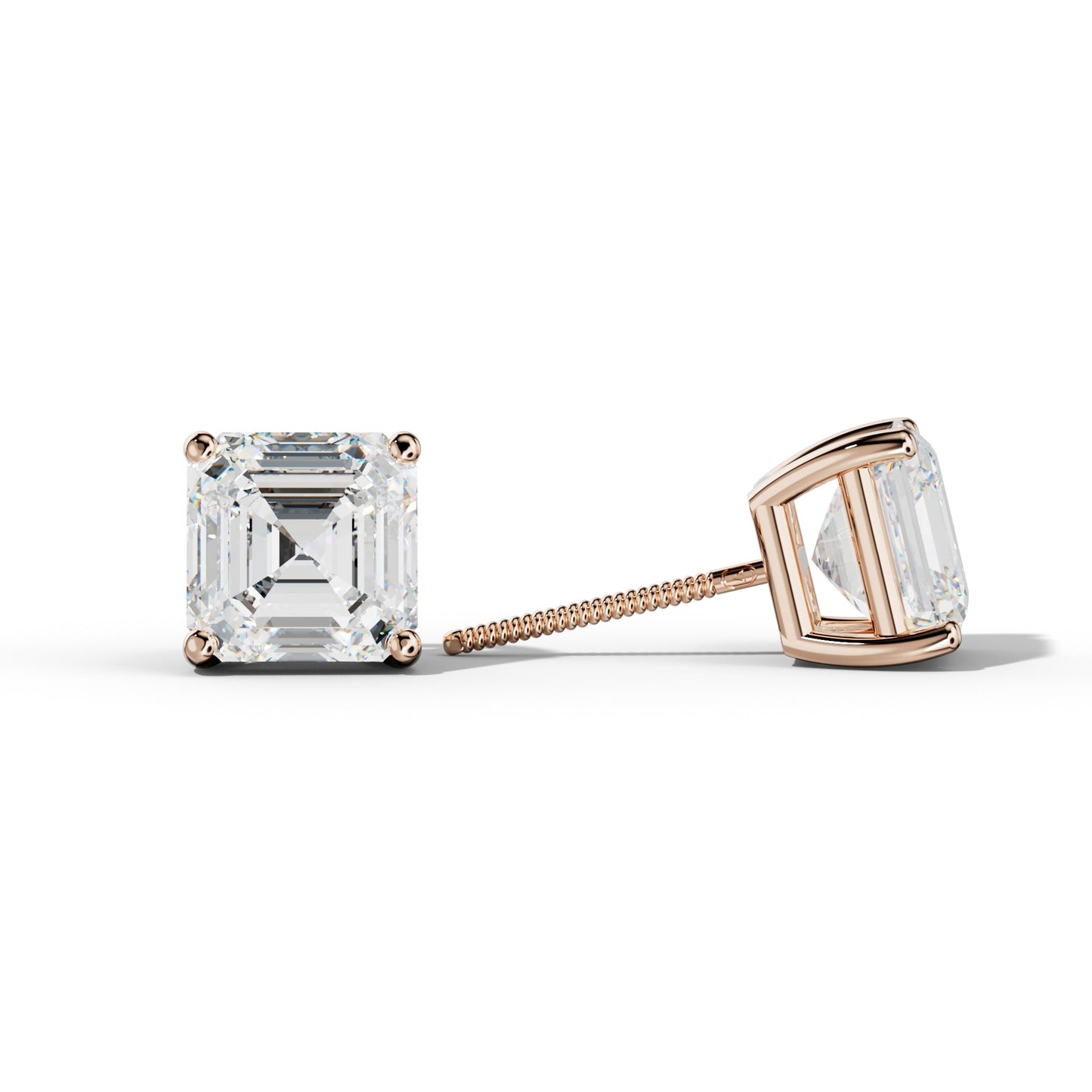 Asscher Diamond Stud Earrings With Four Classic Prongs - 1/2 - 18K Rose Gold
