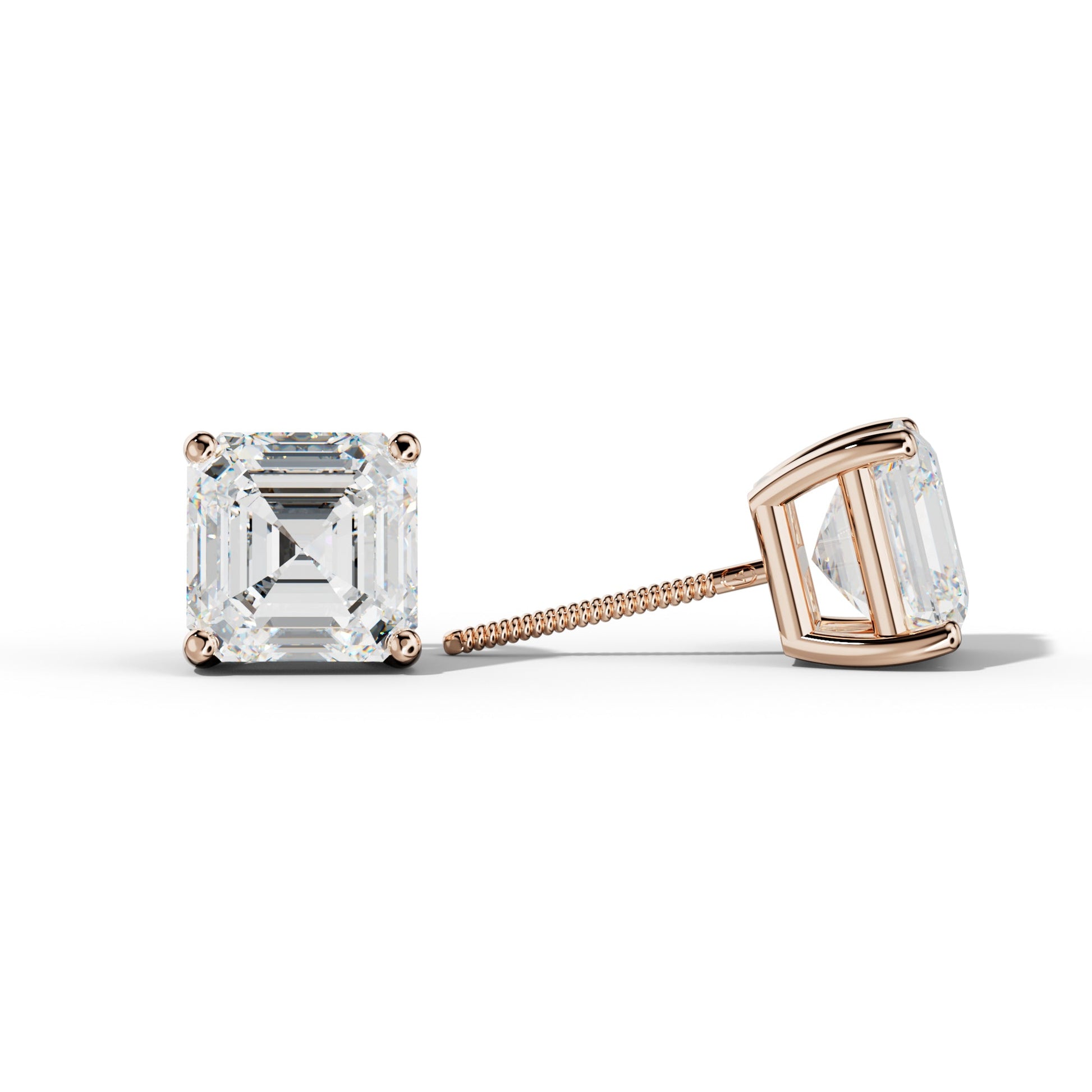 Asscher Diamond Stud Earrings With Four Classic Prongs - 1/2 - 18K Rose Gold