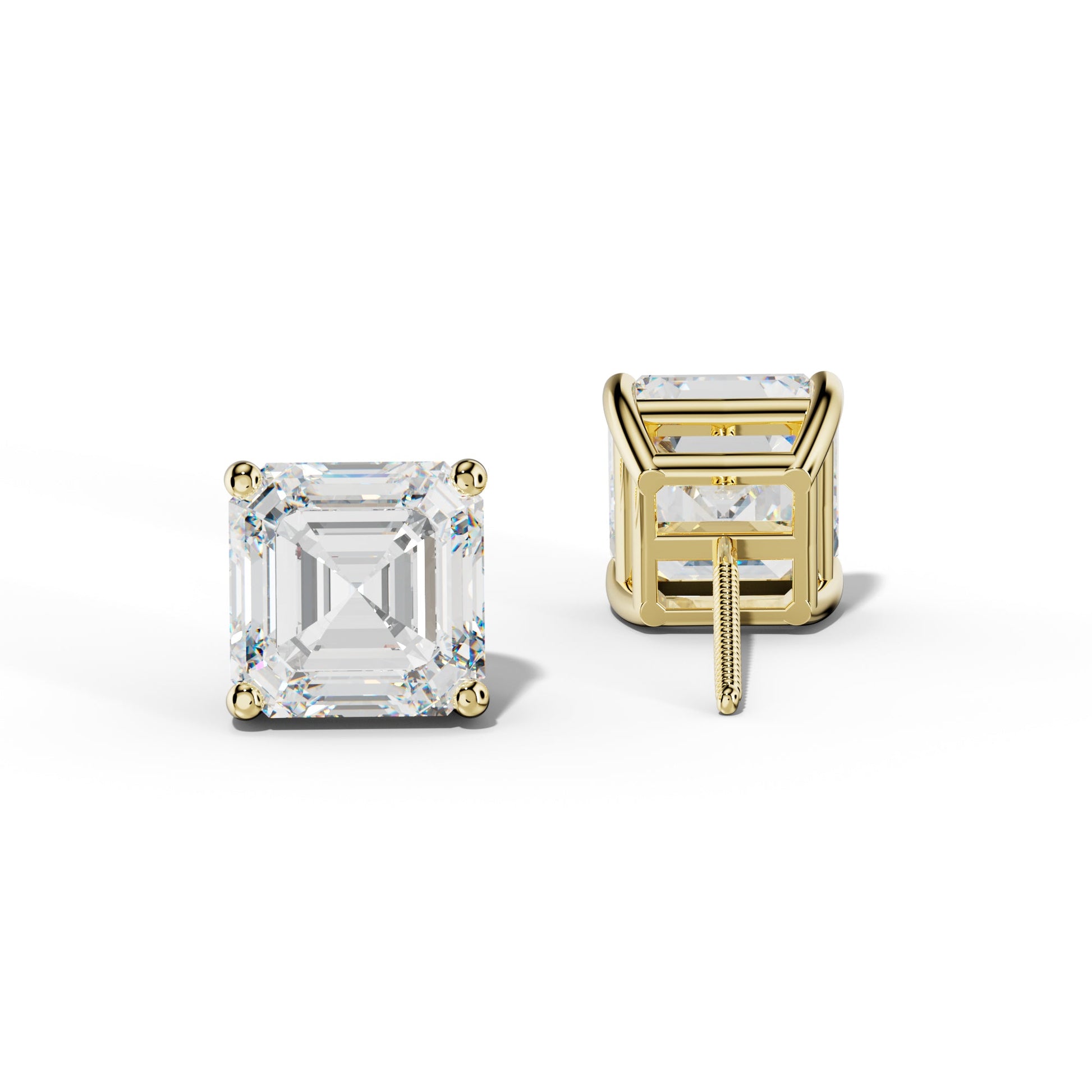 Asscher Diamond Stud Earrings With Four Classic Prongs - 1/2 - 18K Yellow Gold