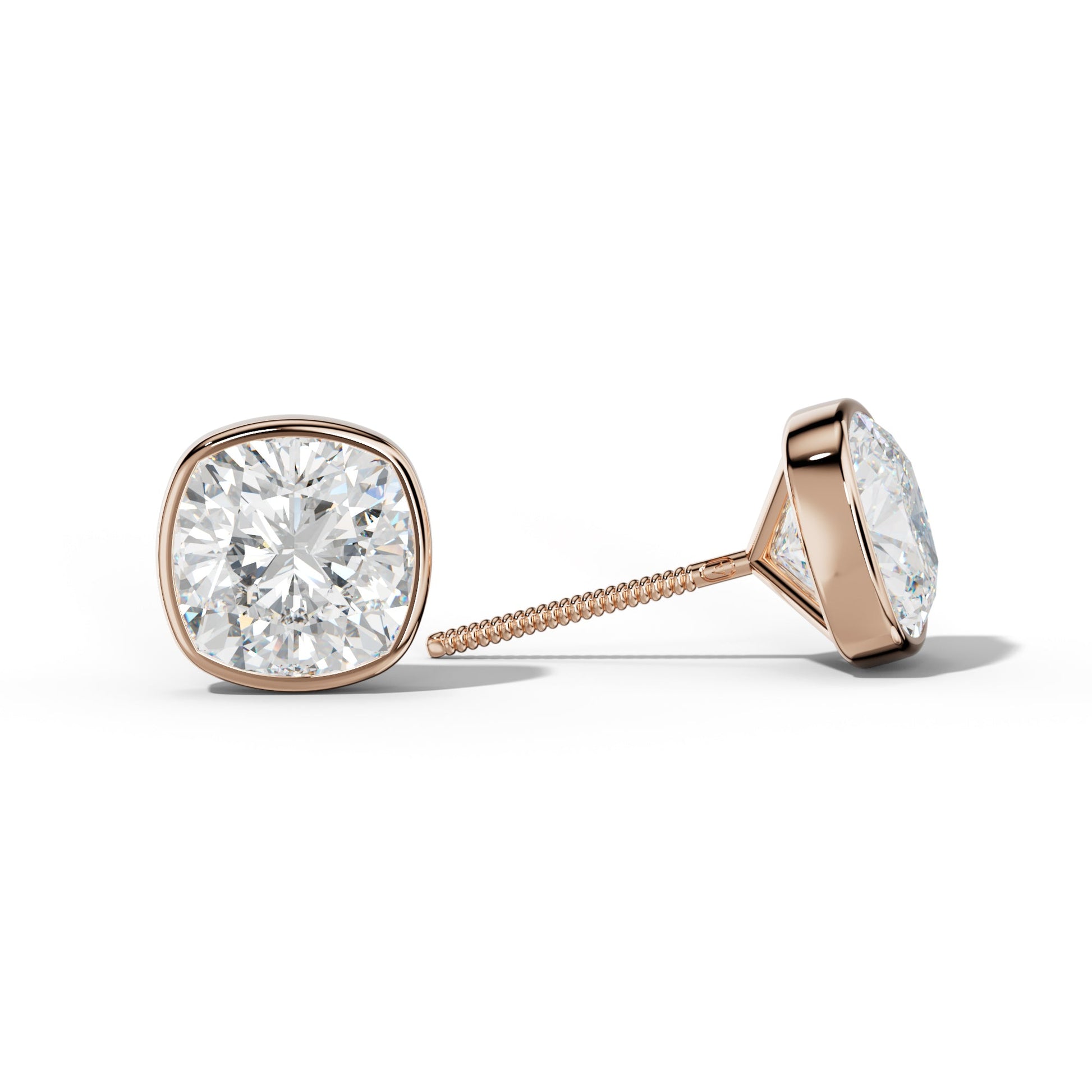 Cushion Diamond Stud Earrings With Martini Bezel Set - 1/2 - 18K Rose Gold