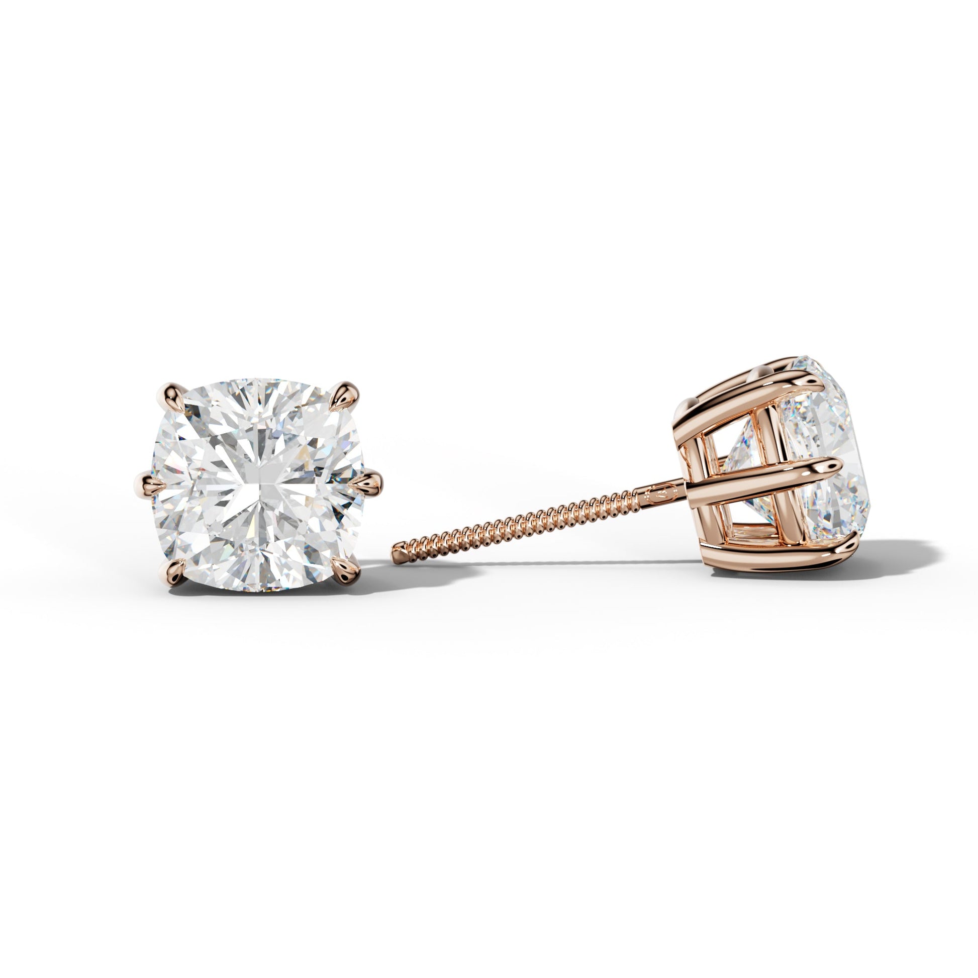 Cushion Diamond Stud Earrings With Six Prongs - 1/2 - 18K Rose Gold